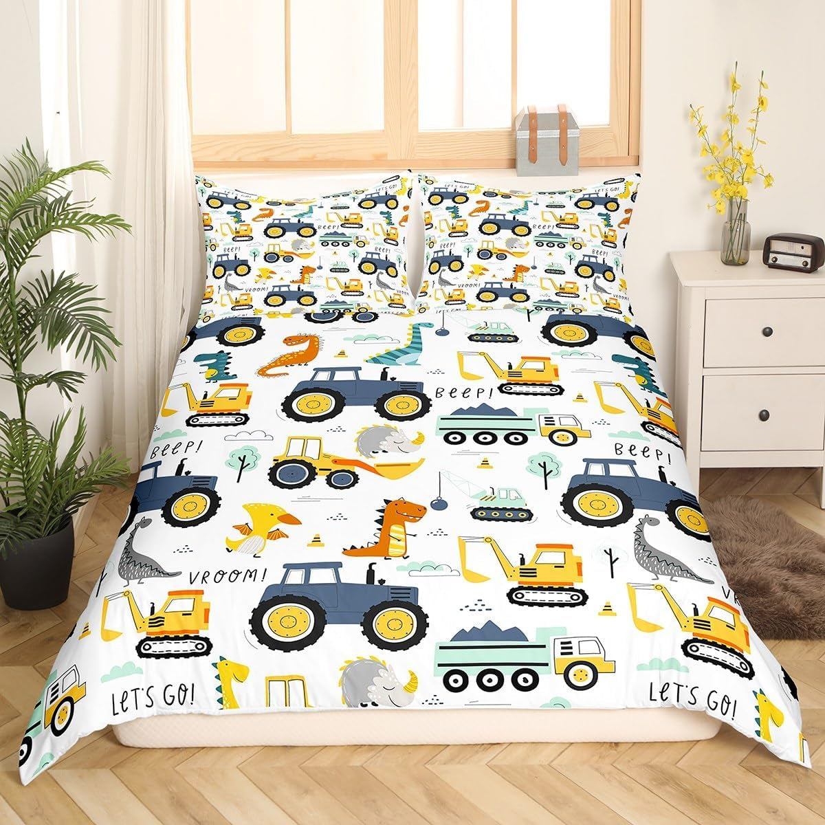 Jungen Cartoon Povlečení do auta 135X200,Kinder Bau Fahrzeuge Tröster Abdeckung Für Kind Kleinkind Teens,Dinosaurier Bettbezug,Traktor Maschinerie Bagger Bettdecke Abdeckung,Lkw Autos Bettdecke Naty Shop