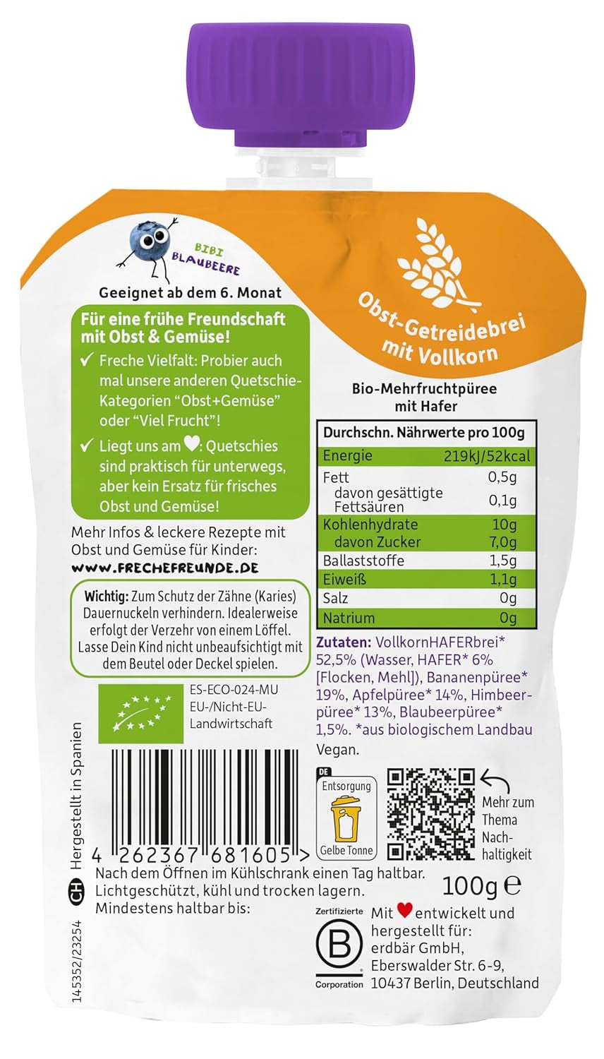 FRECHE FREUNDE Bio ovocná kapsička banán, jablko, malina, borůvka s ovsem, ovocné pyré s cereáliemi ve stlačitelném sáčku pro děti od 6 měsíců, veganské, balení 6 ks (6 x 100 g)