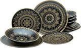 CreaTable, 23588, MANDALA GOLD Series – černá, 12dílná sada nádobí, sada porcelánových talířů, vhodné do myčky a mikrovlnné trouby, kvalitní výroba