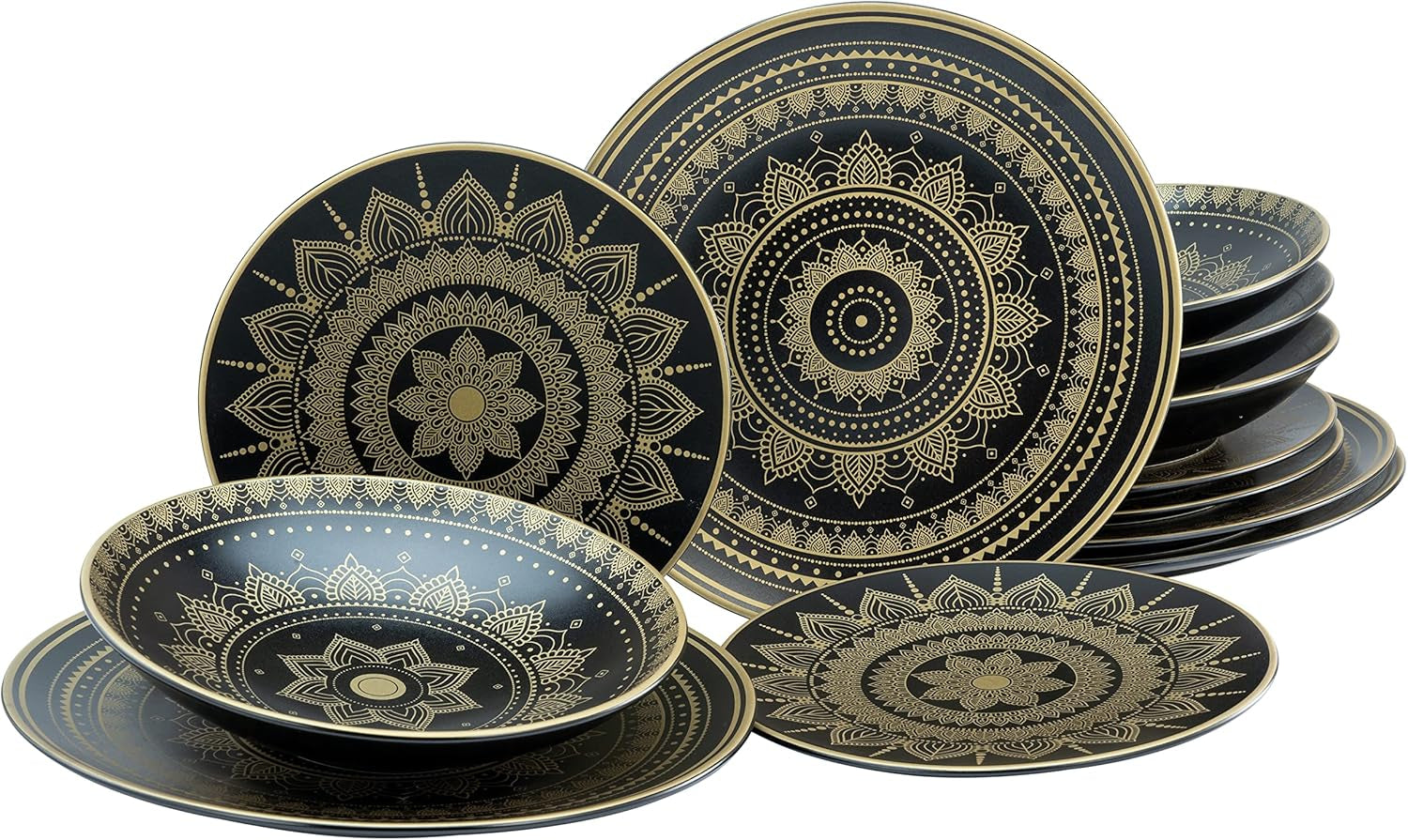CreaTable, 23588, MANDALA GOLD Series – černá, 12dílná sada nádobí, sada porcelánových talířů, vhodné do myčky a mikrovlnné trouby, kvalitní výroba