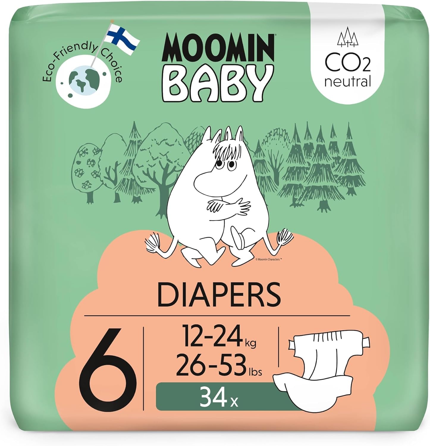 Moomin Dětské eko plenky, velikost 3, 5-8kg, 48 kusů, Premium měkké plenky | Měkký a šetrný k pokožce, prodyšný, savý, bez zbytečných chemikálií |