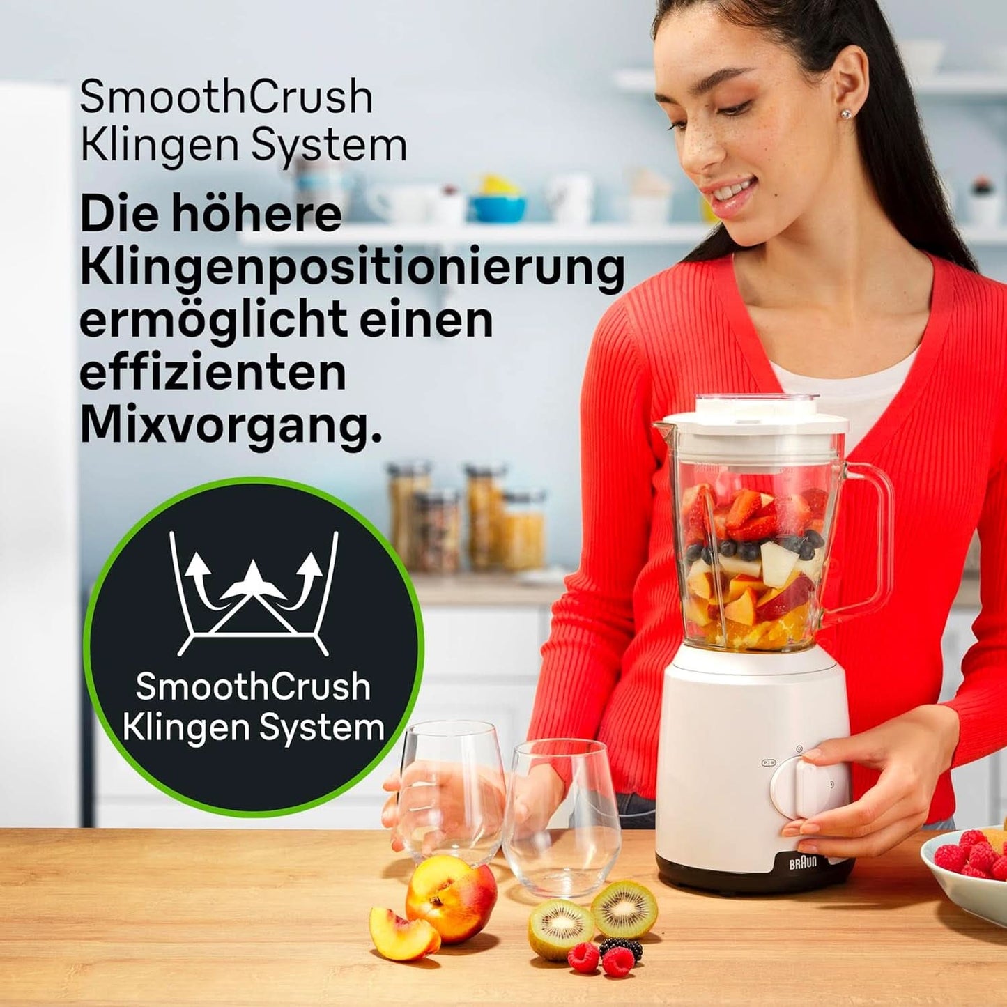 Braun Powerblend 1 JB1050WH - Stojanový mixér s 1,5 l Glas-Mixaufsatz, Küchenhelfer Zum Zerkleinern, Pürieren & Mixen, Ice-Crush-Funktion, 2 Geschwindigkeiten, 600 Watt, Weiß Kitchen Naty Shop