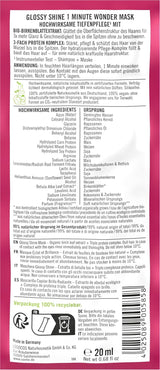 SANTE Naturkosmetik Glossy Shine 1 Min Wonder Mask, hloubková péče pro matné vlasy s organickým extraktem z březových listů a 3x proteinovým komplexem pro 3x více lesku a poddajnosti, veganská, 20ml Naty Shop Hair Mask