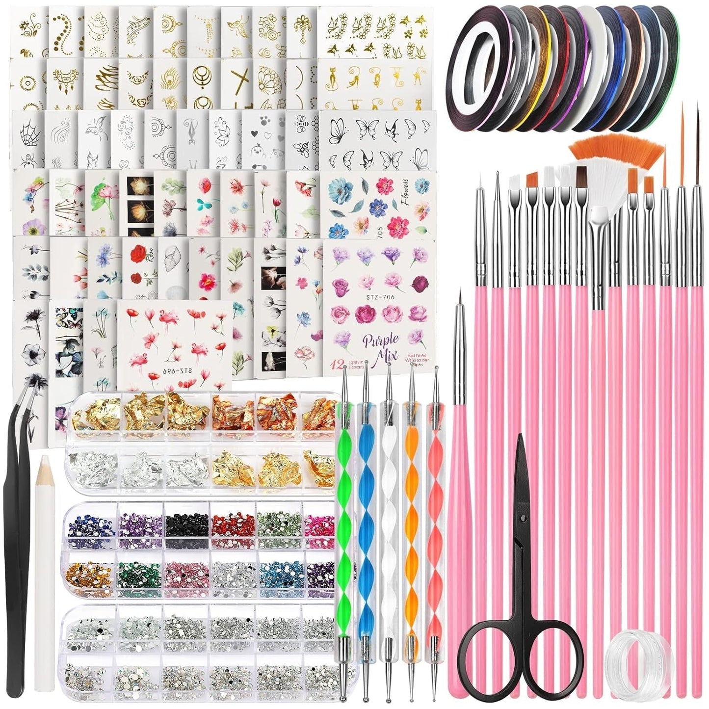 FANDAMEI 54 Blätter Wassertransfer Sada nálepek na nehty a zdobení nehtů, tečkovaná pera, Blattgold Für Nagelkunst, Streifenband, Strasssteine, Werkzeug Und Dekorationen Set Für Nagelkunst Maniküre Set
