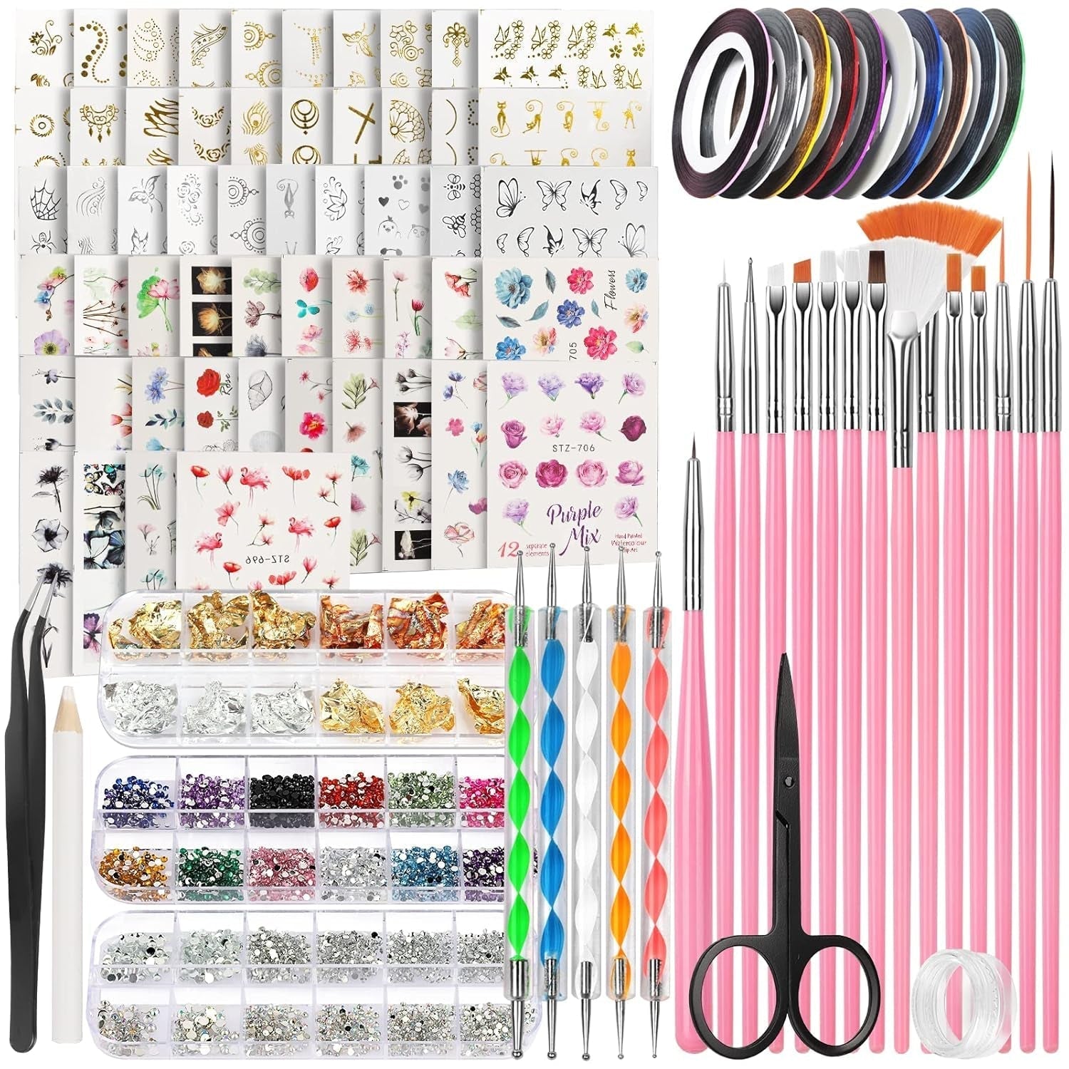 FANDAMEI 54 Blätter Wassertransfer Sada nálepek na nehty a zdobení nehtů, tečkovaná pera, Blattgold Für Nagelkunst, Streifenband, Strasssteine, Werkzeug Und Dekorationen Set Für Nagelkunst Maniküre Set