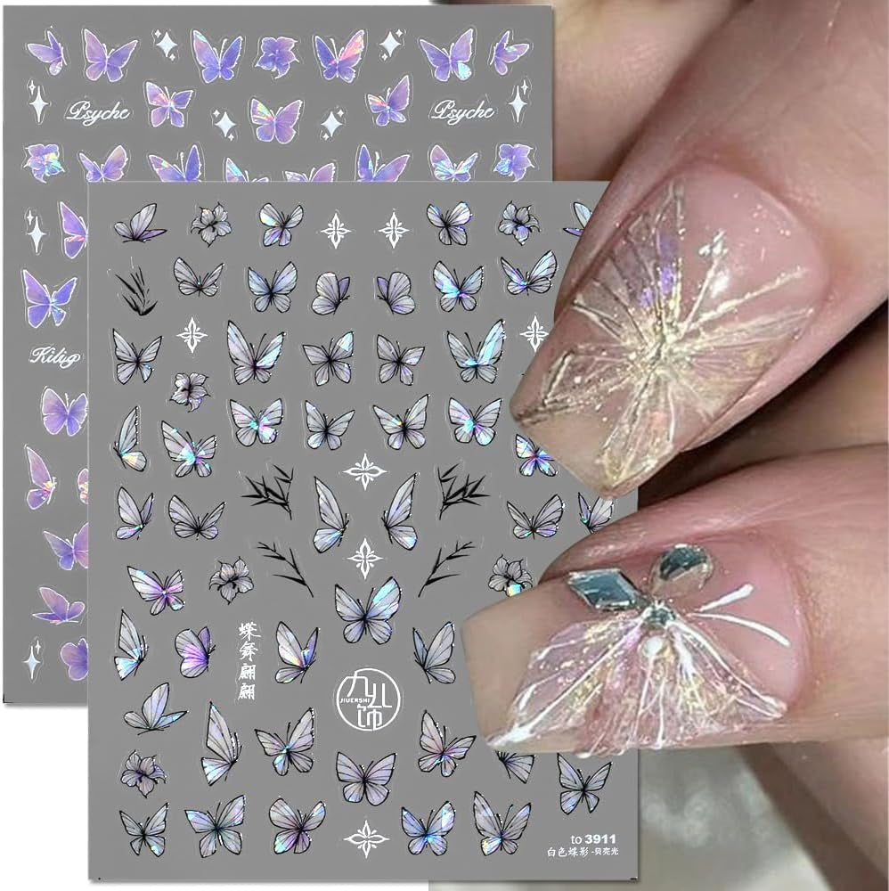2 Blätter Schmetterling Nálepka na nehty Selbstklebend,Muschel Glitzer Nálepka na nehty Butterfly Lila Grau Schmetterlinge Nagelaufkleber Reliéf Laser Butterflies Nálepka na nehty Nageldesign Zubehör