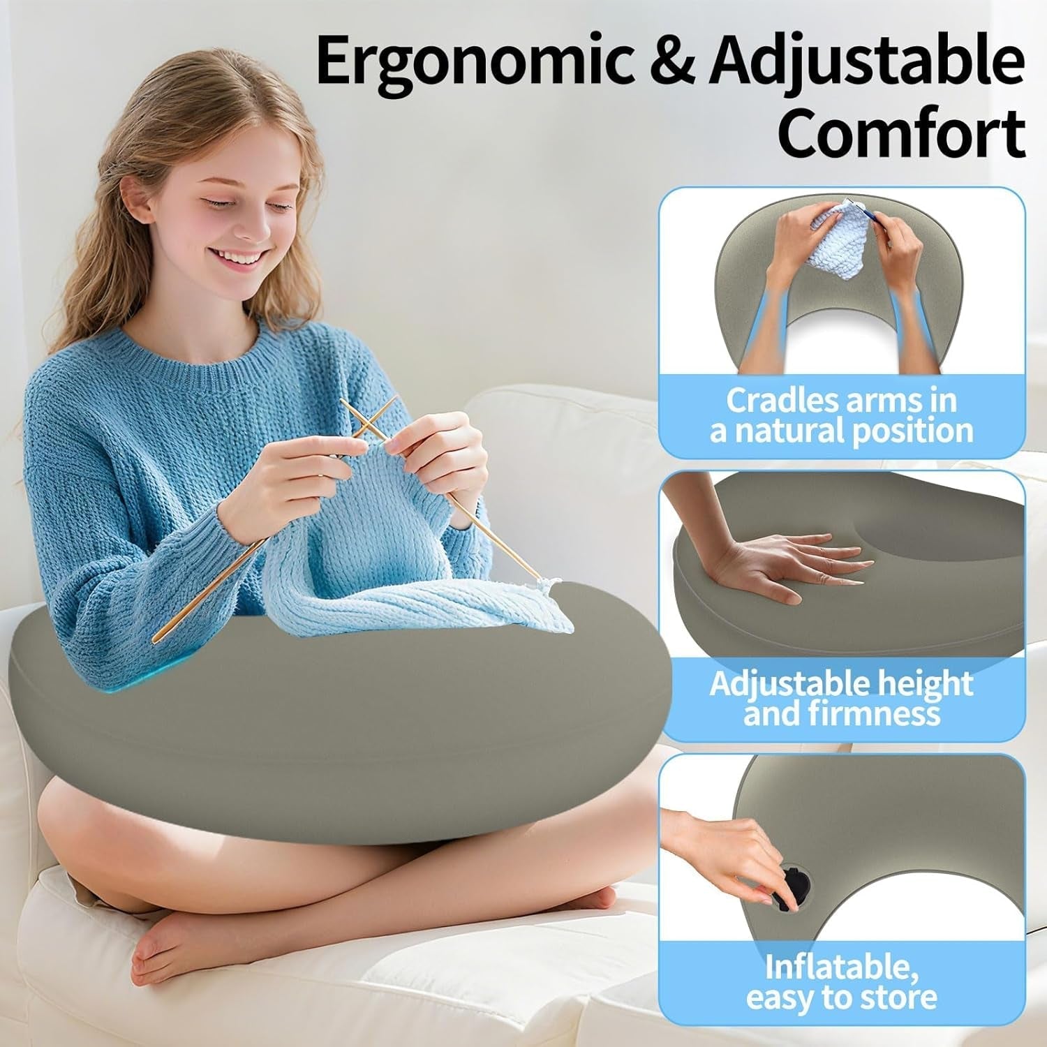 Polštář na čtení a herní polštář, přenosný nafukovací polštář na čtení s úložným vakem, ergonomický háčkovaný polštář na čtení, hraní, háčkování a práci