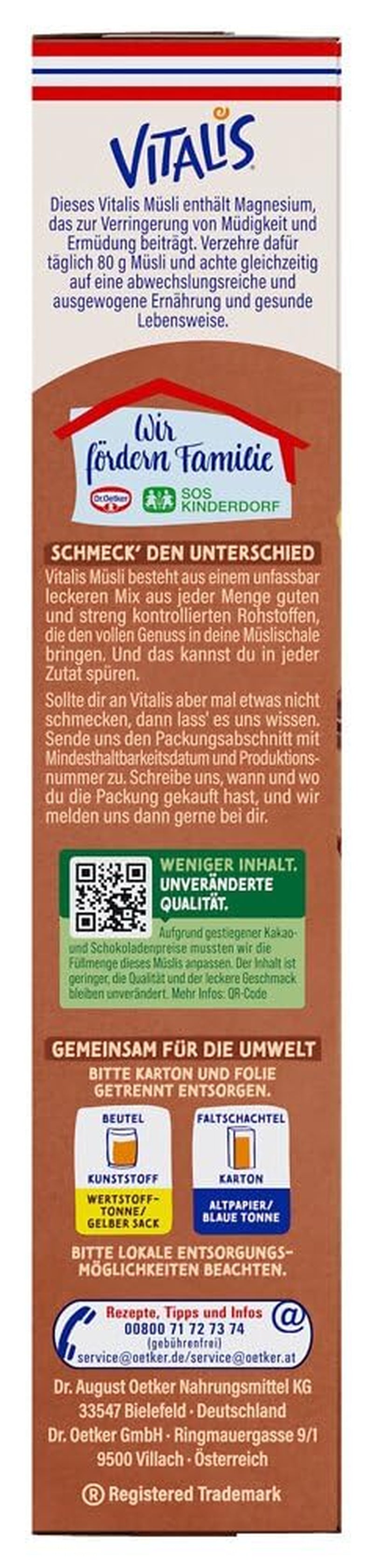 Oetker Vitalis Čokoládové müsli Classic: Snídaňové müsli s mléčnou a hořkou čokoládou, balení 7 ks (7 x 600 g)