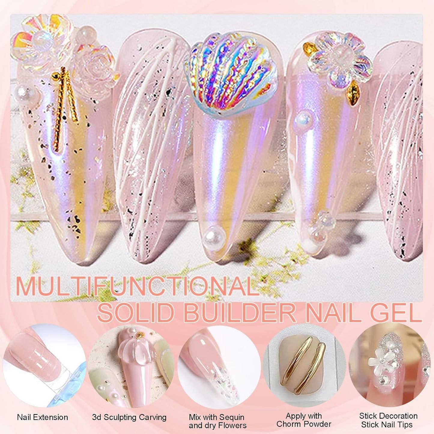 NAILGIL Tuhý gelový lak na nehty, Tuhé gelové lepidlo na nehty, 3D sochařství na nehty se sadou nástrojů, Domácí salon pro kutily, Transparentní 15G