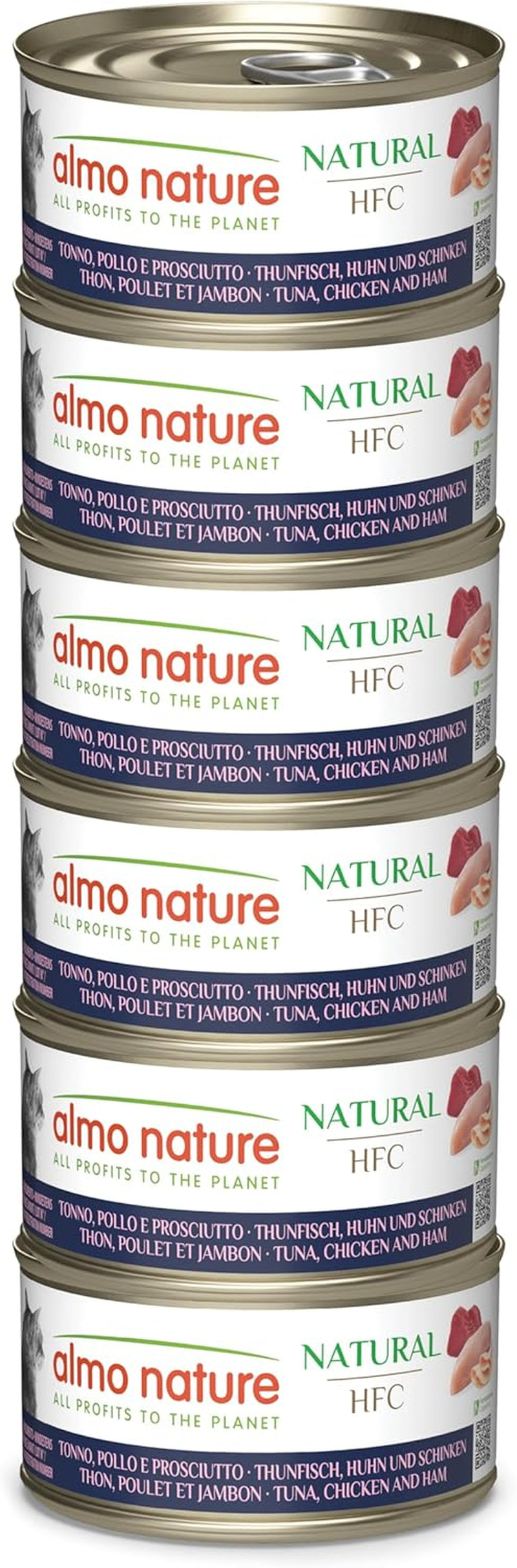 Almo Nature HFC Natural - Mokré krmivo pro dospělé kočky - Tuňák, kuřecí maso a šunka - lidská kvalita, bez lepku - 6 x 70 g