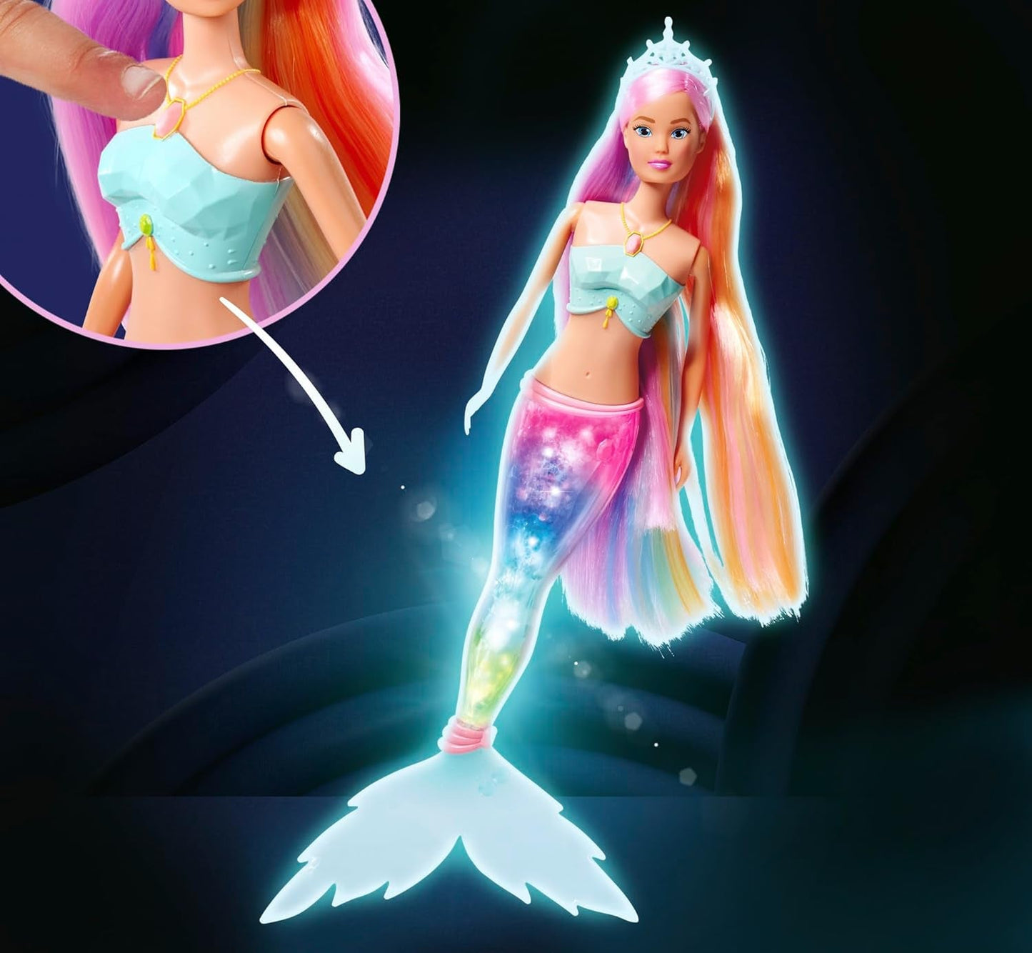 Steffi Love Magic Rainbow Mermaid, Mořská panenka s funkcí Magic Rainbow Light a extra dlouhými vlasy, 39 cm, věk 3+