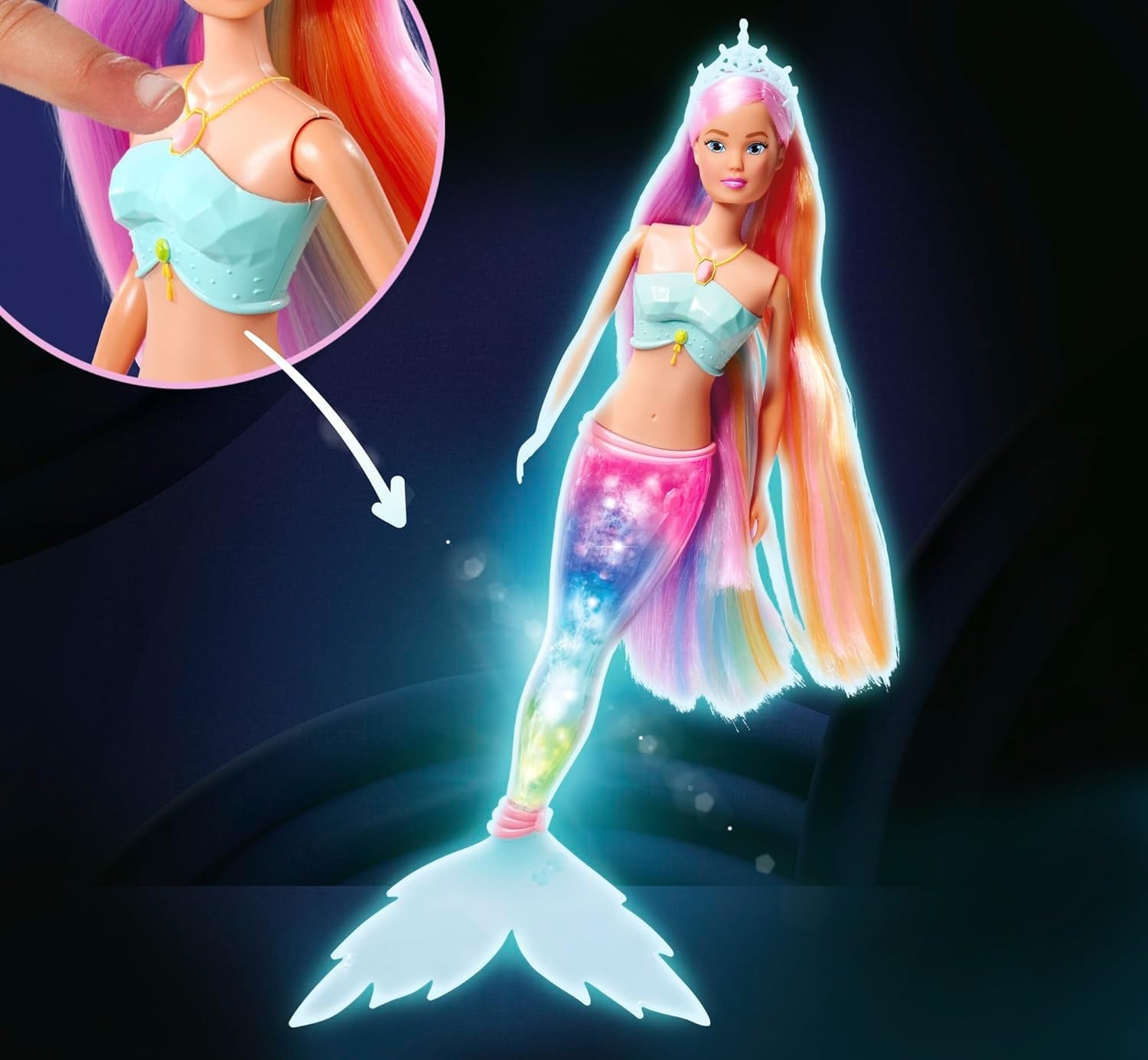 Steffi Love Magic Rainbow Mermaid, Mořská panenka s funkcí Magic Rainbow Light a extra dlouhými vlasy, 39 cm, věk 3+