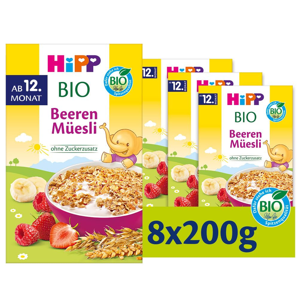 HiPP Bio Beeren-Müesli (8 x 200g), ab 12. Monat, ohne Zuckerzusatz, besonders fine Stückchen - leicht zu chewen, v nejlepším Bio-Qualität