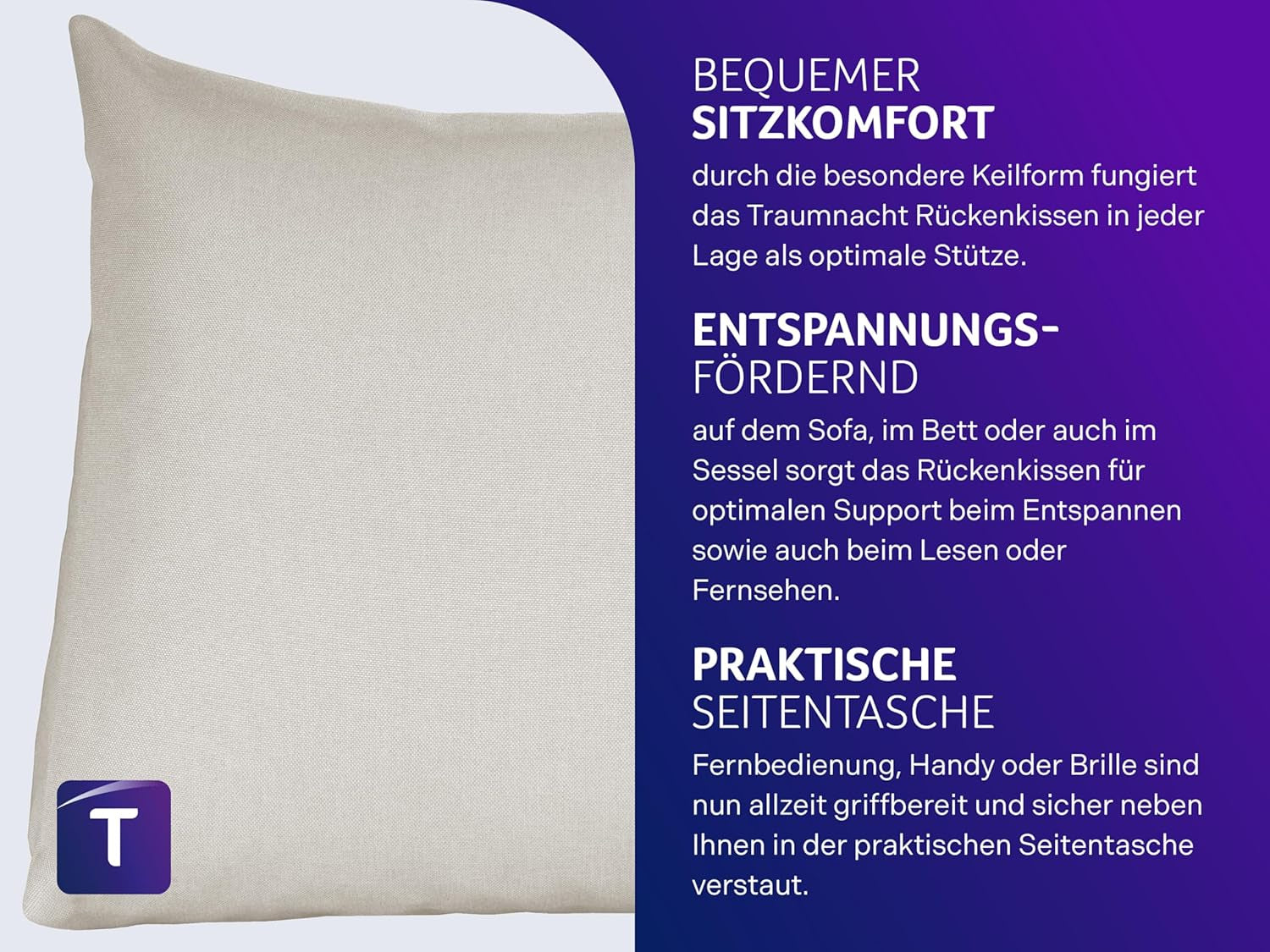 Polštář Traumnacht Cozy Back, polštář na čtení, 70 x 40 cm béžový, snímatelný a pratelný potah ze 100% polyesteru, praktická boční kapsa, certifikováno Oeko-Tex, vyrobeno podle německých norem kvality