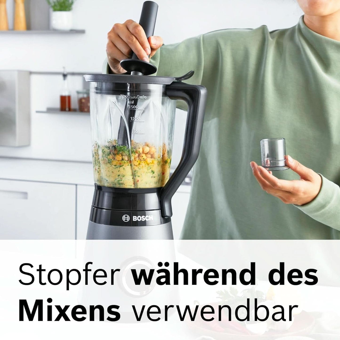 Bosch Standmixer Vitapower Serie 4 MMB6177S, Edelstahl-Klingen Made in Germany, 1,5L Thermosafe Glasbehälter, 0,6L To-Go-Flasche, Stopfer, Universalzerkleinerer, 30 000 U/Min, 1200 W, Silver Kitchen Naty Shop