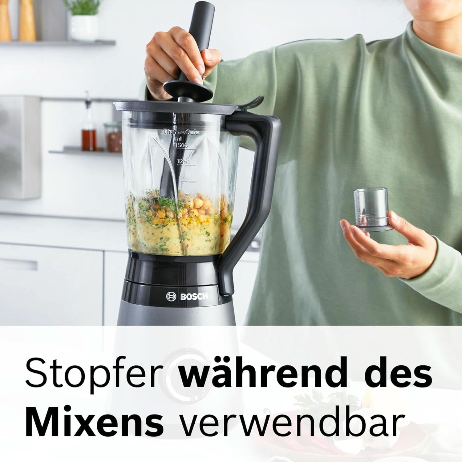 Bosch Standmixer Vitapower Serie 4 MMB6177S, Edelstahl-Klingen Made in Germany, 1,5L Thermosafe Glasbehälter, 0,6L To-Go-Flasche, Stopfer, Universalzerkleinerer, 30 000 U/Min, 1200 W, Silver Kitchen Naty Shop