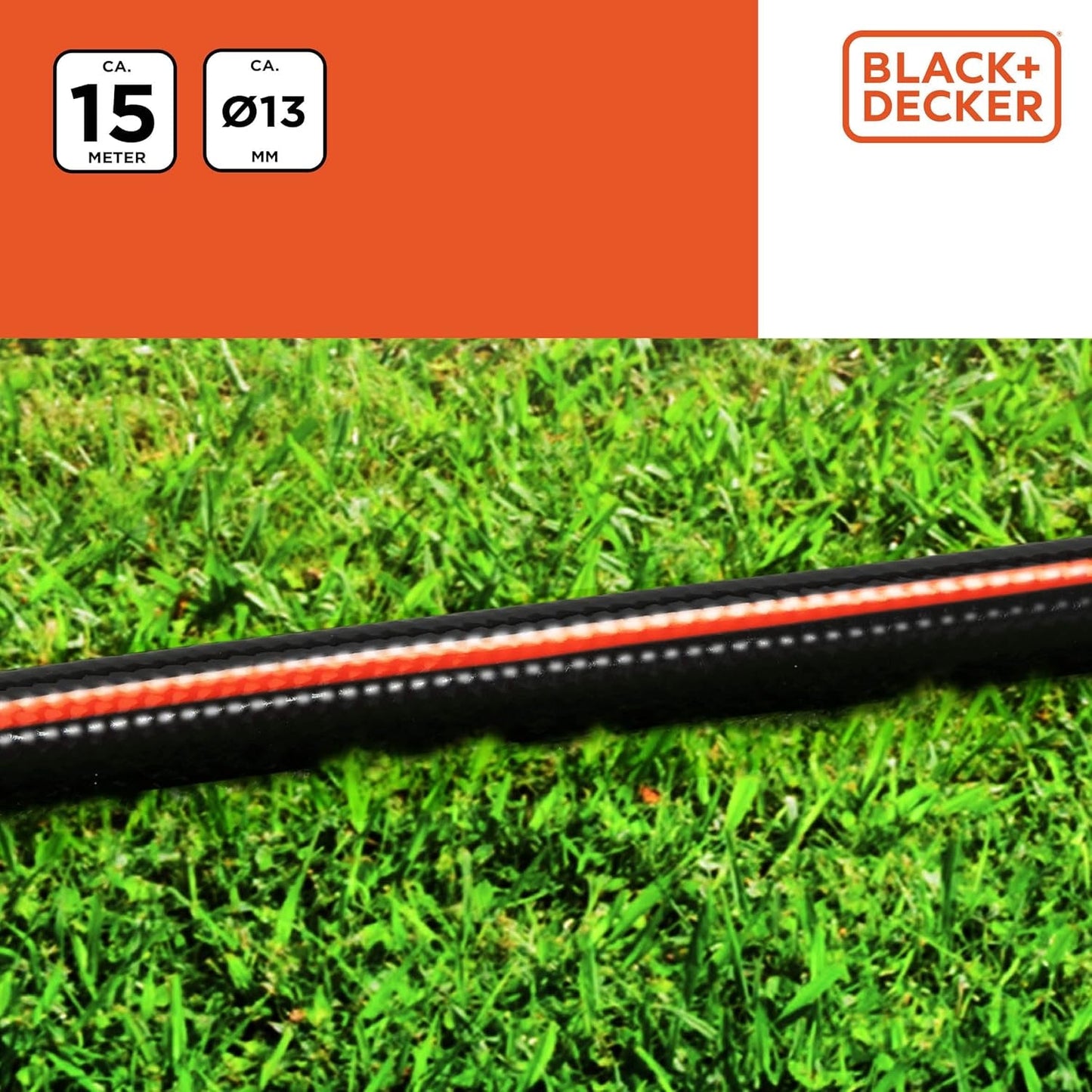 Zahradní hadice BLACK+DECKER 15 metrů - Ø13MM - Odolné PVC - Zalévání zahrady, mytí auta, napouštění bazénu - Kompatibilní s jakoukoli standardní baterií - Černá/Oranžová