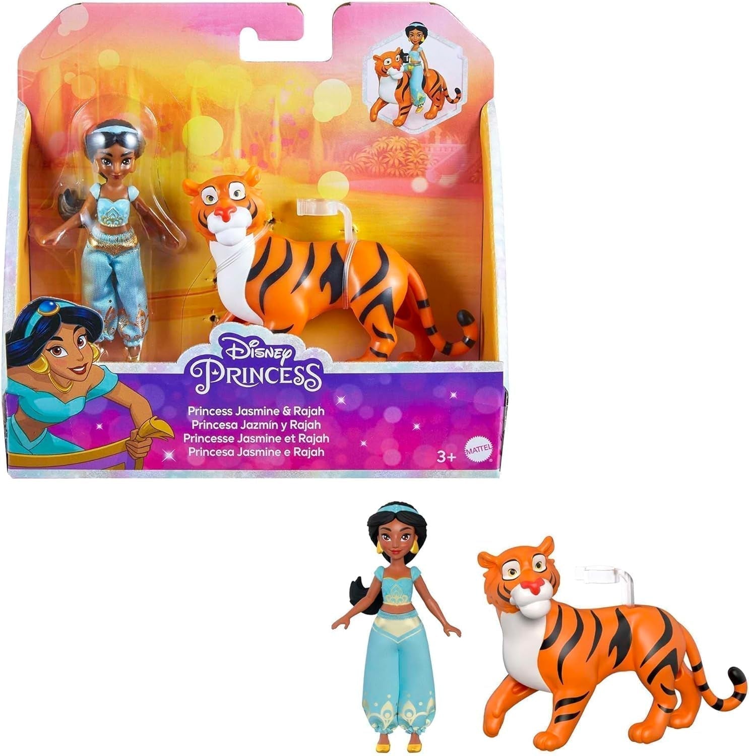 Mattel Disney Princess Toy Jasmine Fashion pohyblivá panenka se třpytivým oblečením a doplňky Dárek pro děti inspirovaný filmem Disney HLW12 Naty Shop Dolls Little Jasmine Tiger Rajah