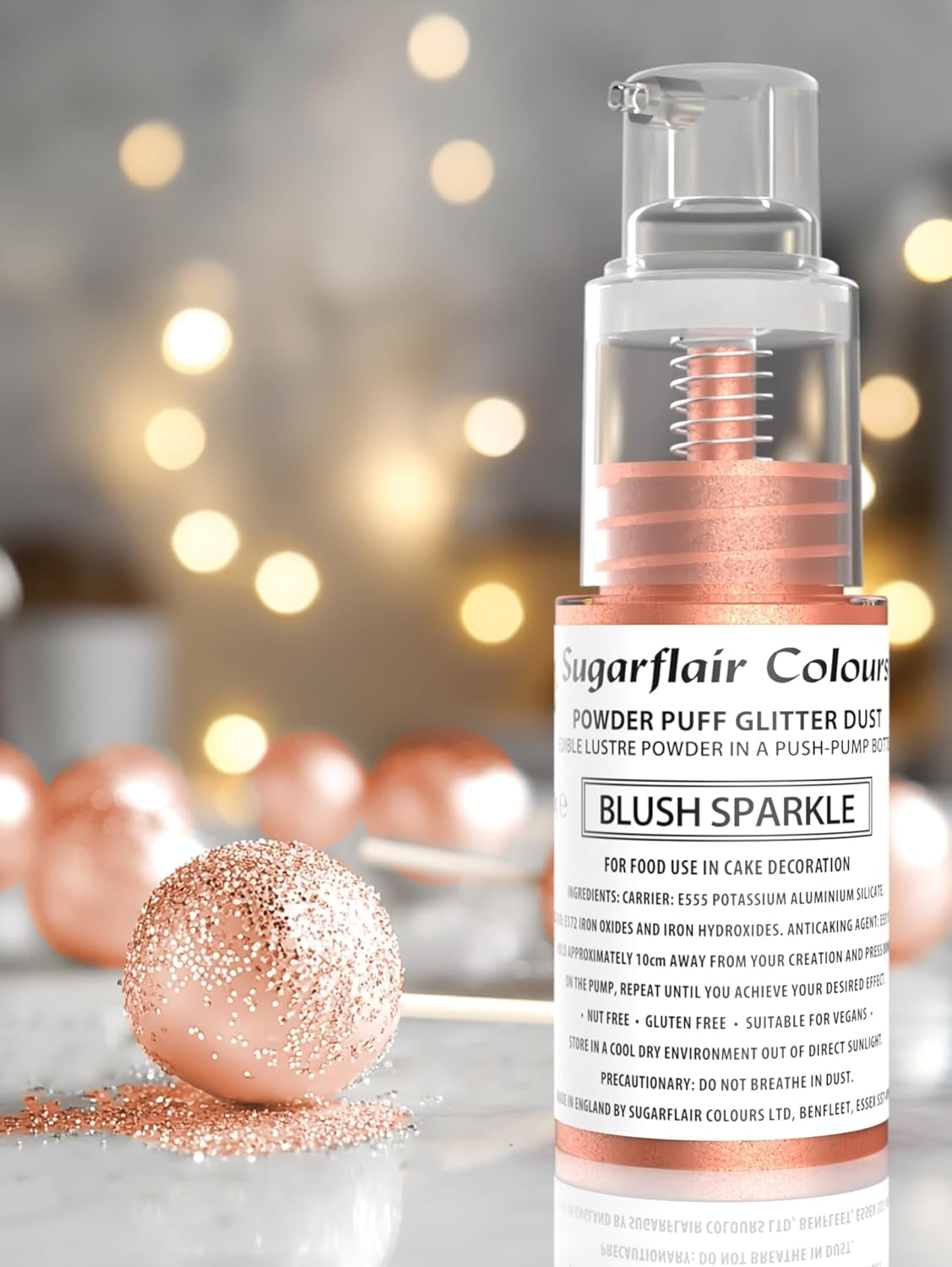 Sugarflair Pump Powder Spray, Glitter, Blush, Glitter - potravinářská barva na dorty, bezaerosolový sprej na dorty, muffiny a další - 10 g
