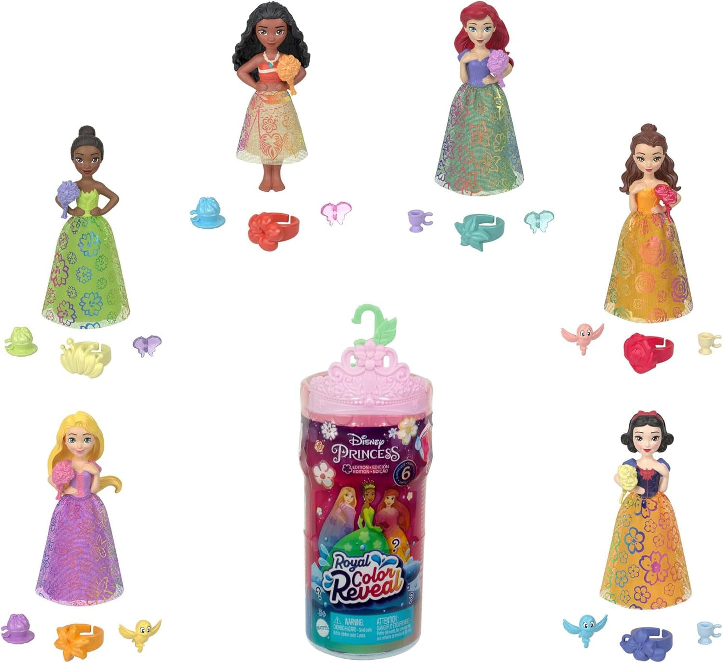 Malá panenka Mattel Disney Princess Royal Color Reveal se 6 překvapeními, včetně vonného prstenu a 4 doplňků (panenky se mohou lišit), série Garden Party HRN63