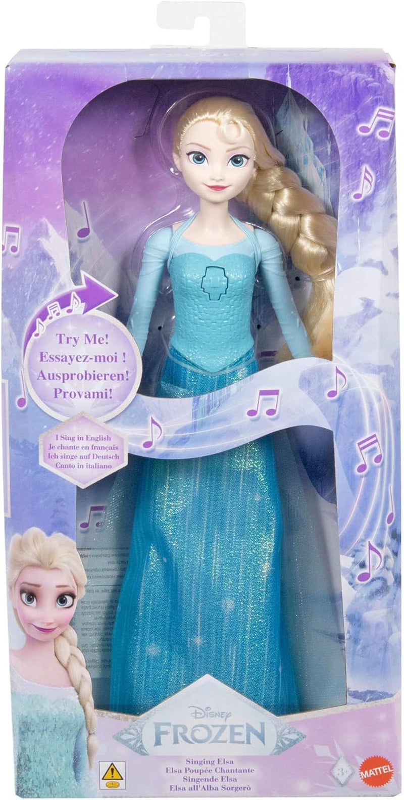 Mattel Toys Zpívající panenka Disney Frozen Elsa v ikonickém oblečení, zpívá „Let It Go“ z filmu Disney v angličtině, francouzštině, němčině, italštině, JDL58