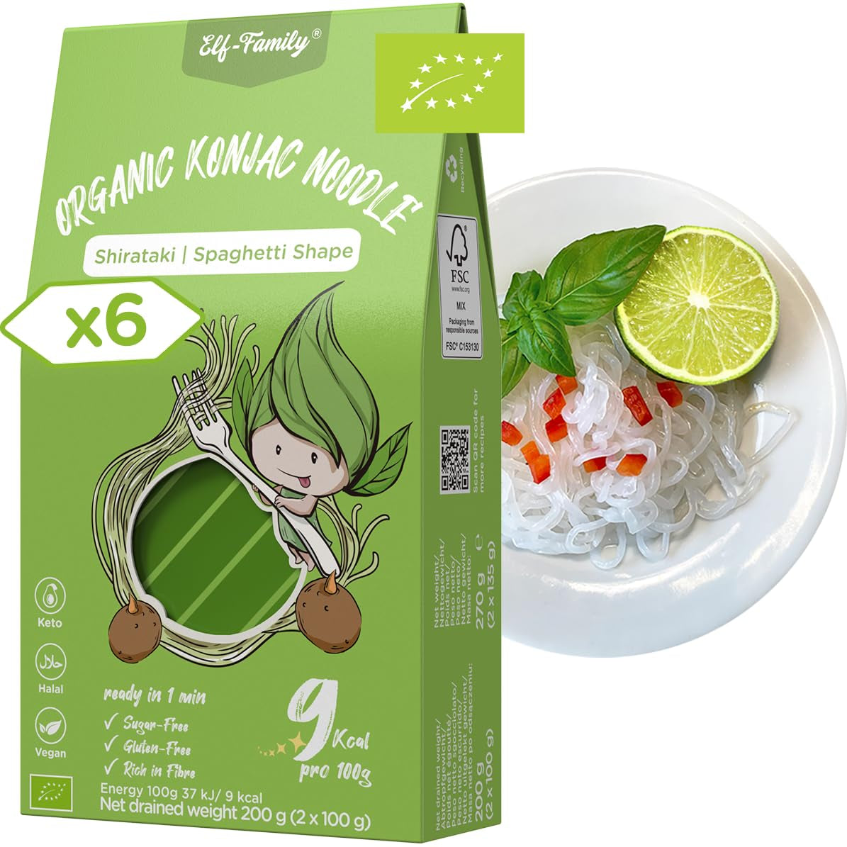 Elf-Family 270g x6er Box (12 balení) Bio Konjak Nudeln Ultra Low Carb Shirataki Nudeln Vegan Bezlepkové-Instantní Nudeln bez kohlenhydrátu/Keto/Kalorienarme/Fettfrei/Zuckerfrei -Spaghetti MHD/202/11