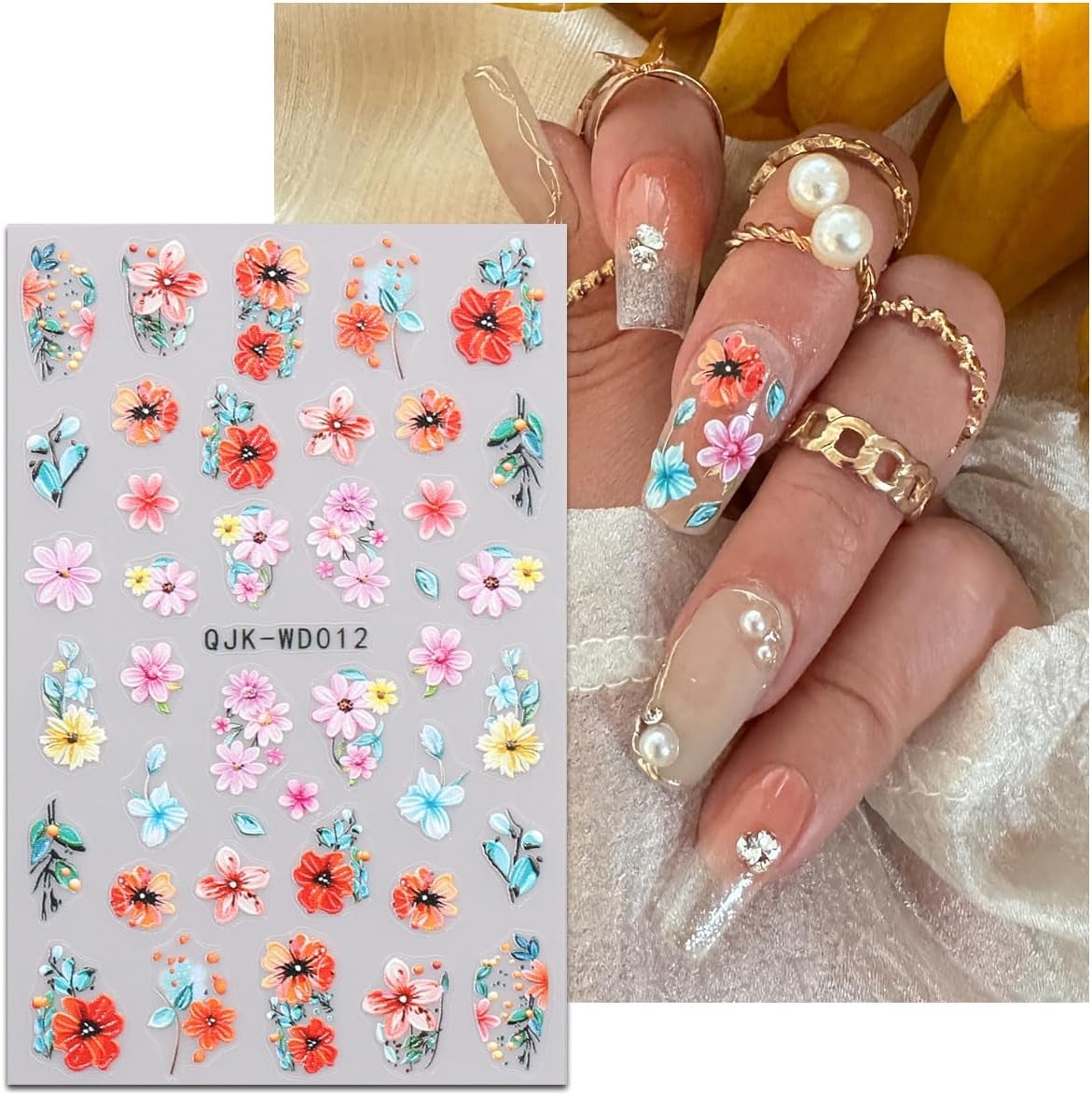 JMEOWIO Nálepka na nehty Blumen 6 Blatt Nálepka na nehty Selbstklebend Nagelaufkleber Letní Blumen Dekorace Nageldesign Zubehör