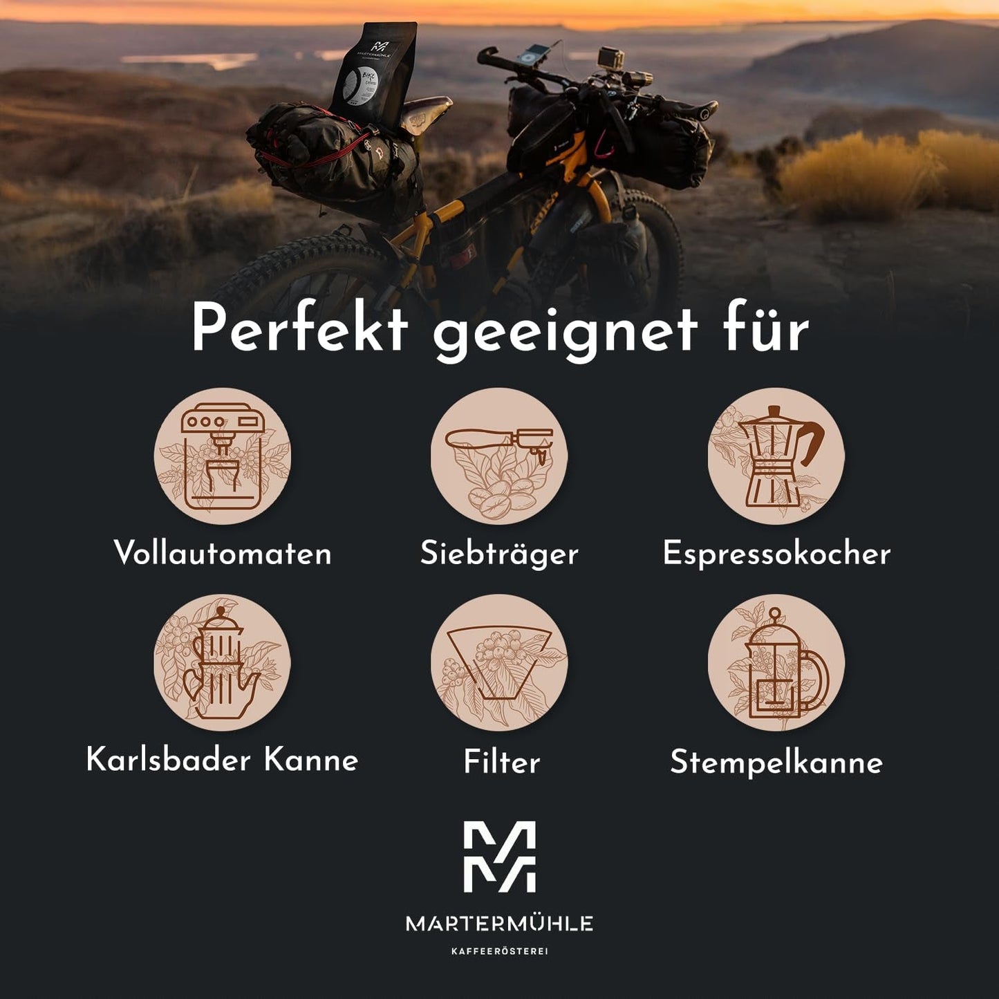 Espresso Martermühle Bike 500g Strong | Arabica/Robusta | Příchutě: Makadamové ořechy, mléčná čokoláda | Světle pražená celá zrna espressa, nízká kyselost