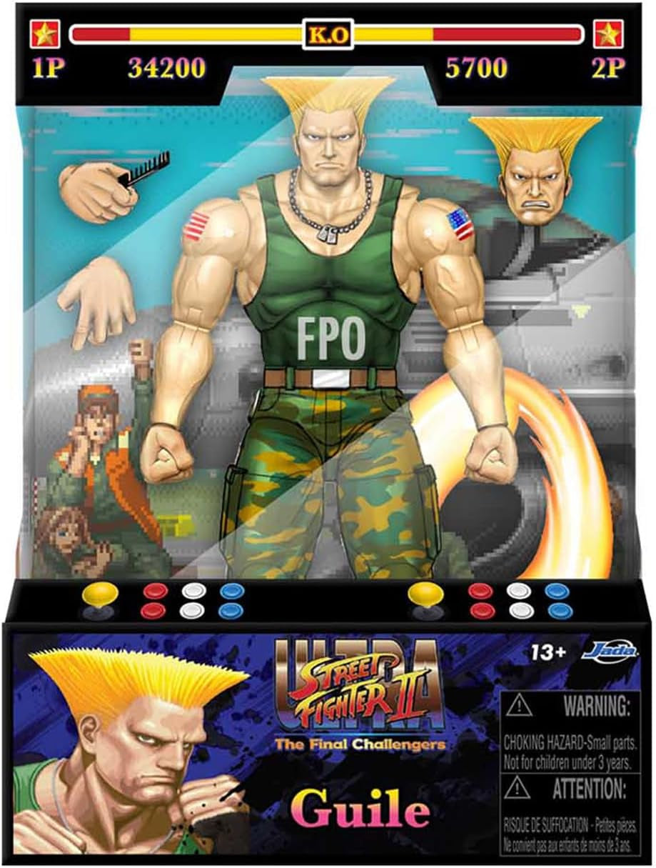 Figurka Jada Toys Street Fighter Guile (15 cm) - Street Fighter 2: The Final Challengers Sběratelská pohyblivá akční figurka s alternativní hlavou, rukama a doplňky, akční figurky od 13 let Naty Shop