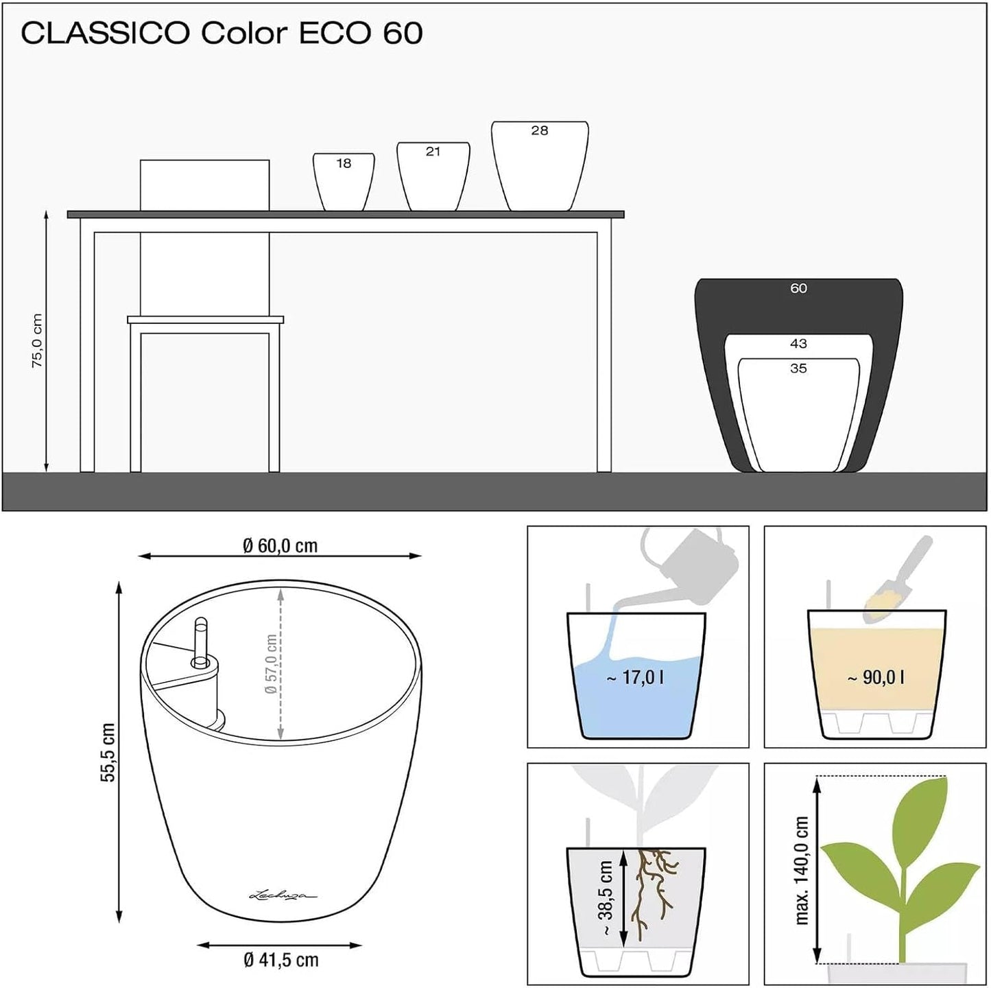 Květináč LECHUZA Classico Color ECO 60 Tmavě šedá | Květináč se zavlažovacím systémem a ukazatelem hladiny vody | Vyrobeno ze 100% recyklovaného plastu | Matný povrch | Ø 60 x 55,5 cm | 18955