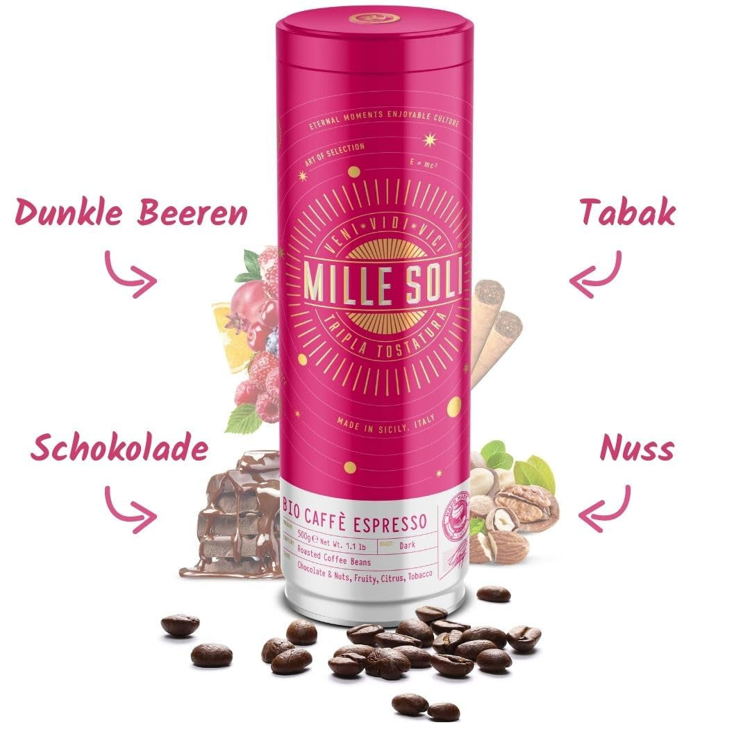 Organické Espresso Beans 500 g v uzavřeném kávovém boxu - špičková kvalita a opakovaně použitelné - prémiová kávová zrna pražená na Sicílii