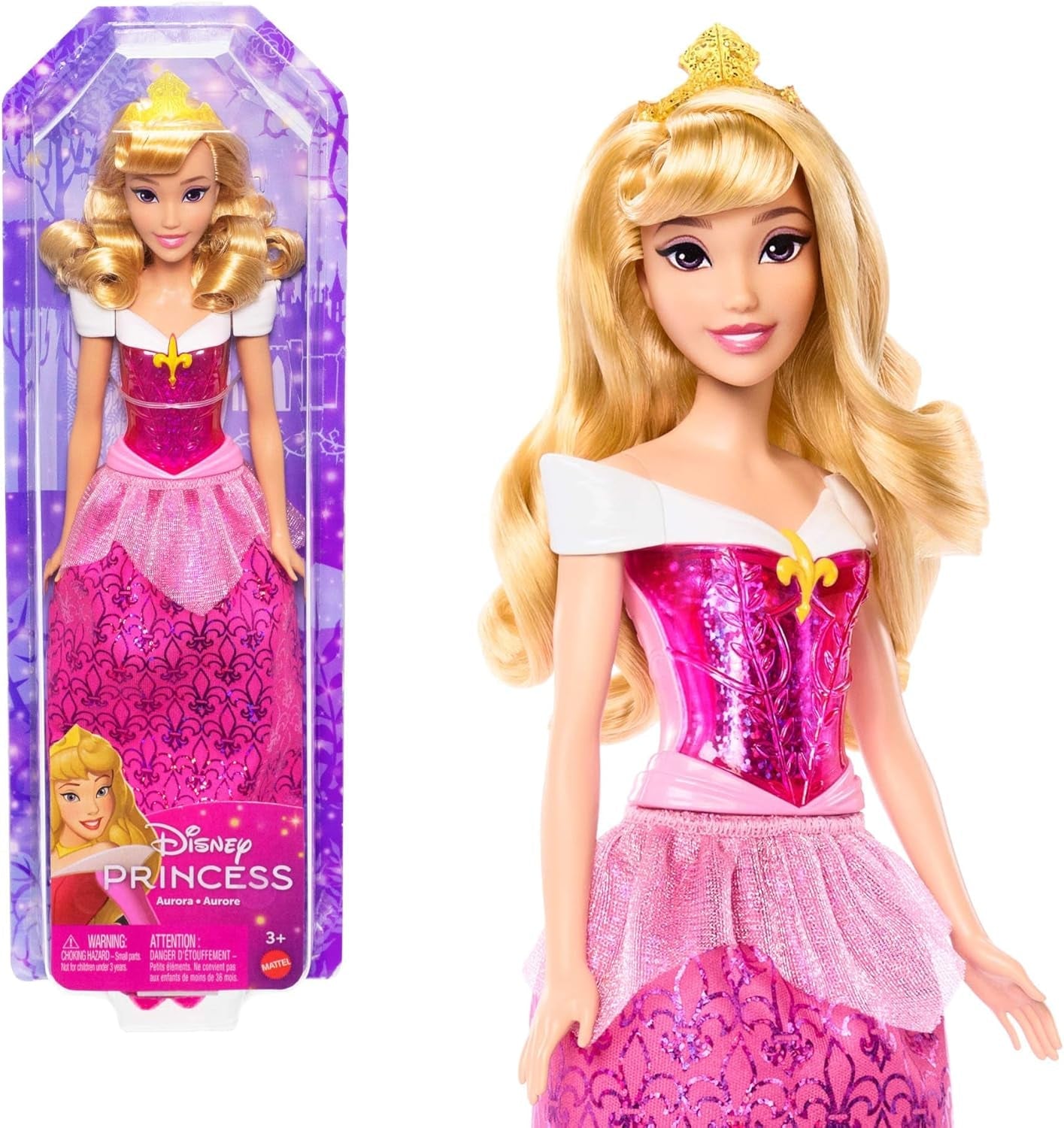 Mattel DISNEY Princess Aurora – panenka s ikonickým outfitem, odnímatelné boty a diadém, třpytivý top a odepínatelná vzorovaná sukně, dlouhé vlasy pro styling, HLW09