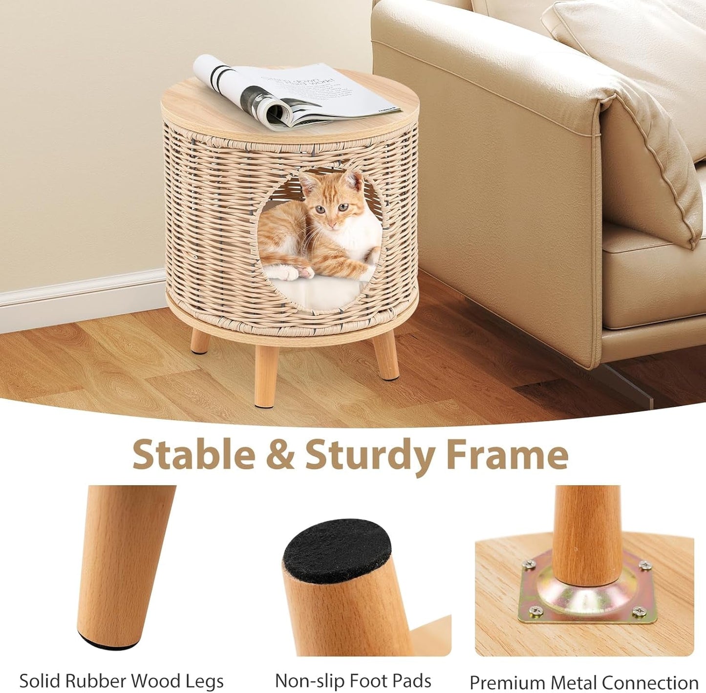Katzenhaus Rattan, Katzenmöbel mit Holzbeinen & soft Kissen, 3v1 Katzenhöhle Fußhocker Nachttisch, Katzenbett stabil bis 30 kg für Wohnzimmer Schlafzimmer