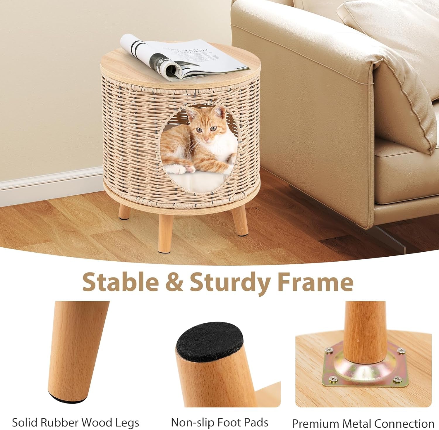 Katzenhaus Rattan, Katzenmöbel mit Holzbeinen & soft Kissen, 3v1 Katzenhöhle Fußhocker Nachttisch, Katzenbett stabil bis 30 kg für Wohnzimmer Schlafzimmer