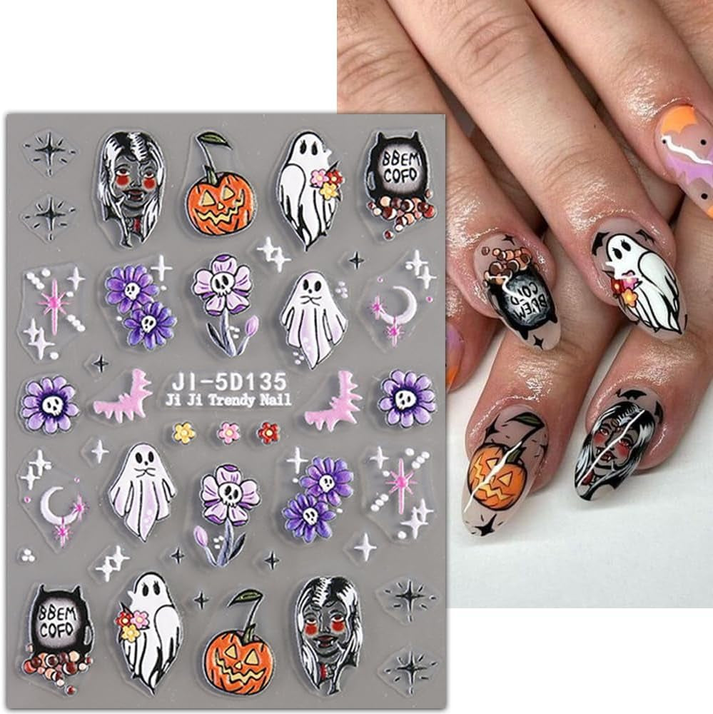 JMEOWIO 3D Nálepka na nehty Halloween Nail Art Nálepka Selbstklebend Nagelaufkleber 5D Stereoskopisch Süßer Geisterkürbis Dekoration Nageldesign Zubehör 4 Blatt