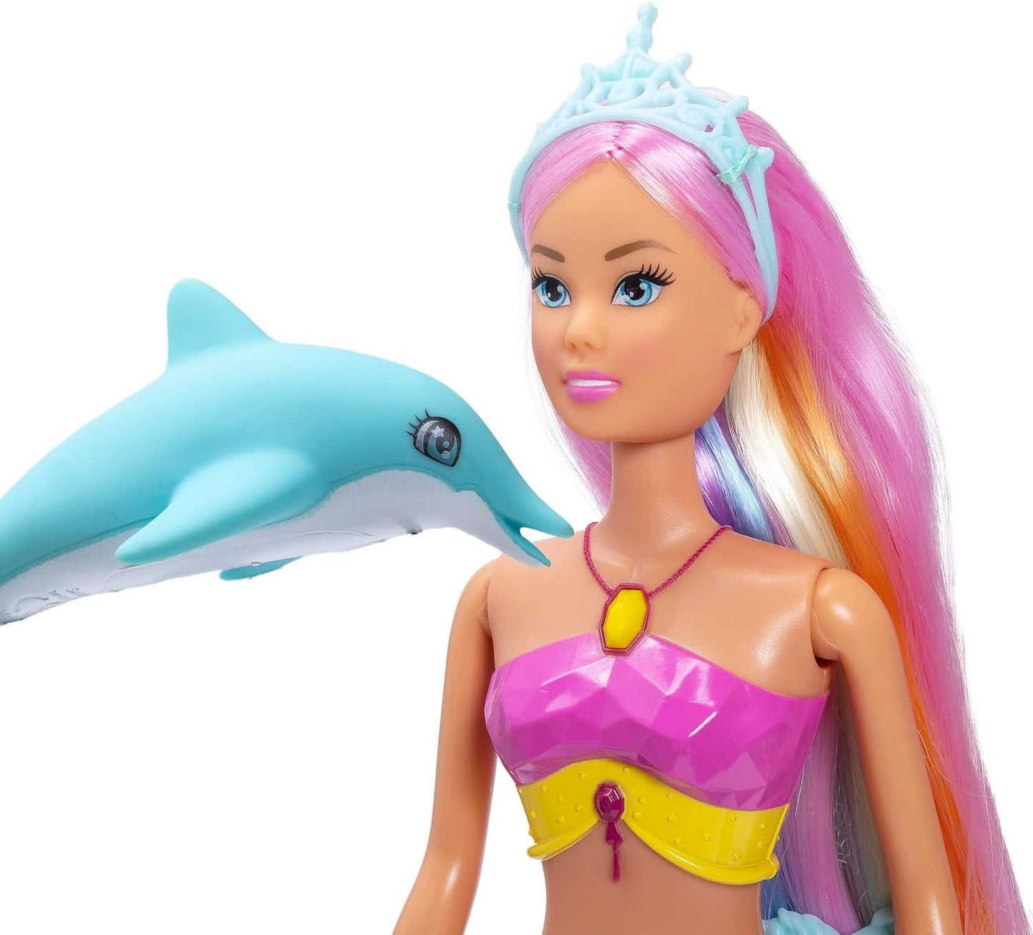 Panenka Simba Steffi Love Mermaid Mermaid s funkcí duhového světla, extra dlouhé vlasy, postava delfína a spony do vlasů, výška 39 cm, funkce Try-Me, věk 3+