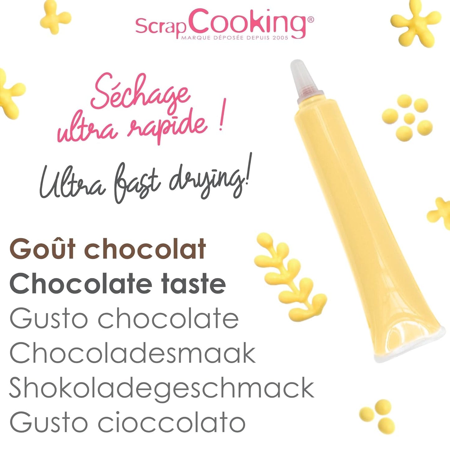 Scrapcooking - Pastelově žluté cukrové pero - Žlutý psací cukr 25g - Dekorativní jedlé cukrové pero - Psaní a kreslení - Označování fondán, poleva, dorty - 6804
