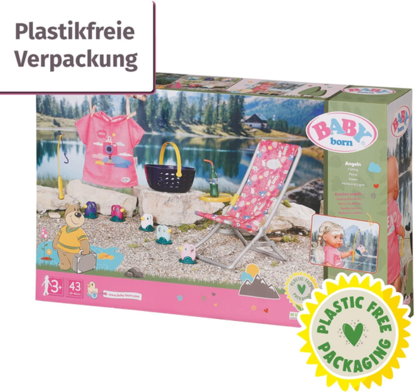 BABY born 832790 Weekend Fishing – sada doplňků pro rybářské panenky s lehátkem, odkládacím stolkem, sklenicí, košíkem, káčátky a rybářským prutem a růžovou dlouhou košilí, růžová