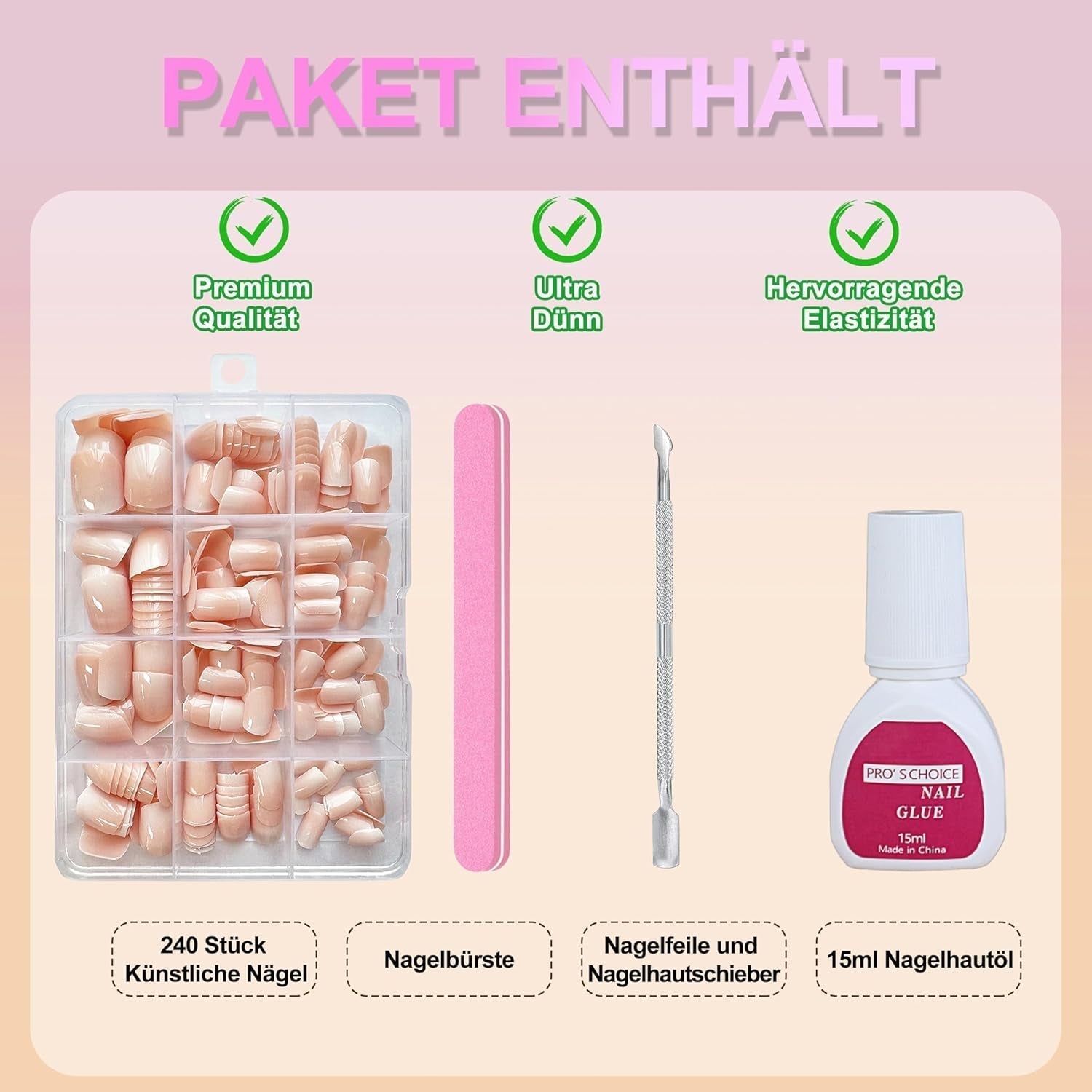 Sada falešných nehtů - 240 ks Krátké čtvercové nehty Model Měkký gel Nude White Gradient Falešné přírodní lepidlo na falešné nehty pro ženy DIY (nahé s přechodem, 240X)