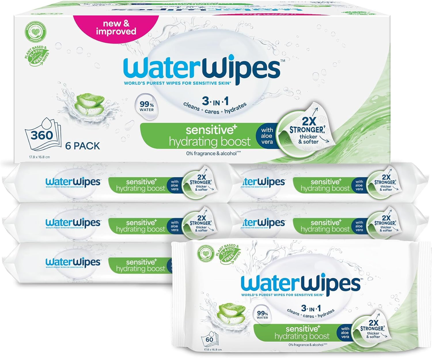 WaterWipes Sensitive+ Hydrating Boost vlhčené ubrousky, hydratační ubrousky, 360 kusů (6 balení), 3 v 1 čistí, pečují, hydratují, 99% voda z Aloe Vera, neparfémované dětské ubrousky
