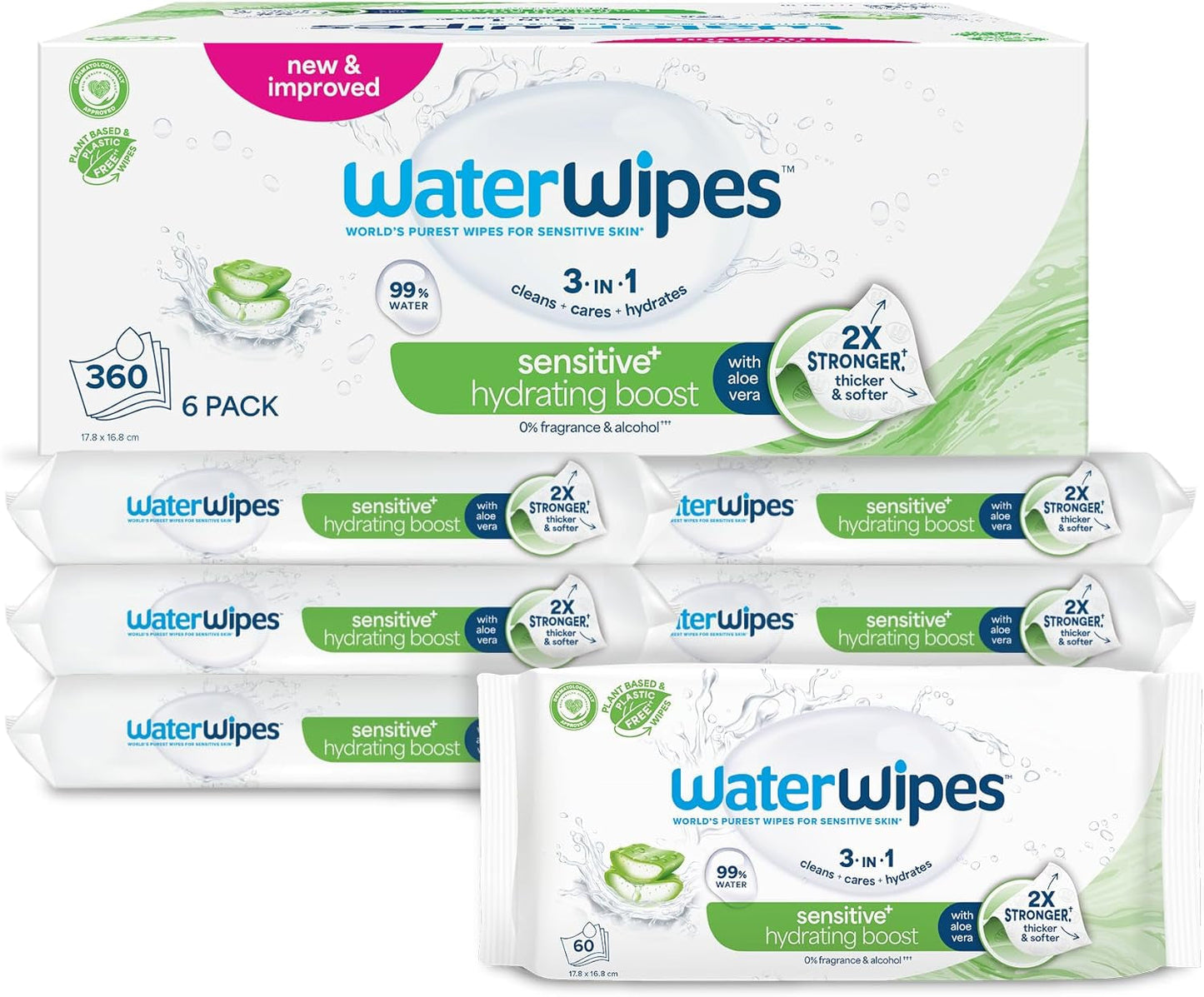 WaterWipes Sensitive+ Hydrating Boost vlhčené ubrousky, hydratační ubrousky, počet 720 (12 balení), 3 v 1 čistí, pečují, hydratují, 99% voda z Aloe Vera, neparfémované dětské ubrousky