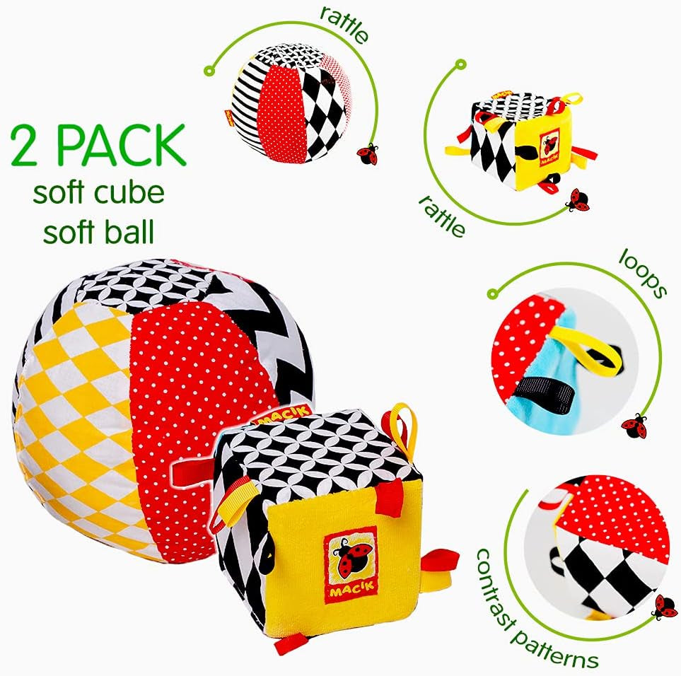 magdum 2 set dětská kostková hra + látkový míč - motorická hračka od 1 roku - hračka pro děti 6 měsíců - hračka Montessori - vzdělávací hračka 1 rok - dárek pro děti - míč pro děti - kostka pro děti - dárky pro děti Toys Bebe Naty Shop