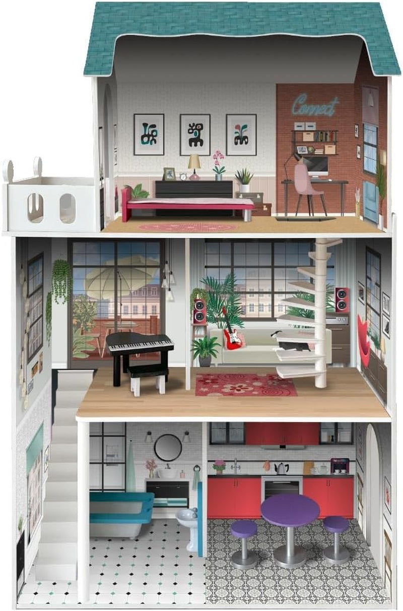 Soho-Madera designový 3patrový domeček pro panenky s 8 kusy nábytku, rozměry 120 x 33 x 75 cm (913D00181)