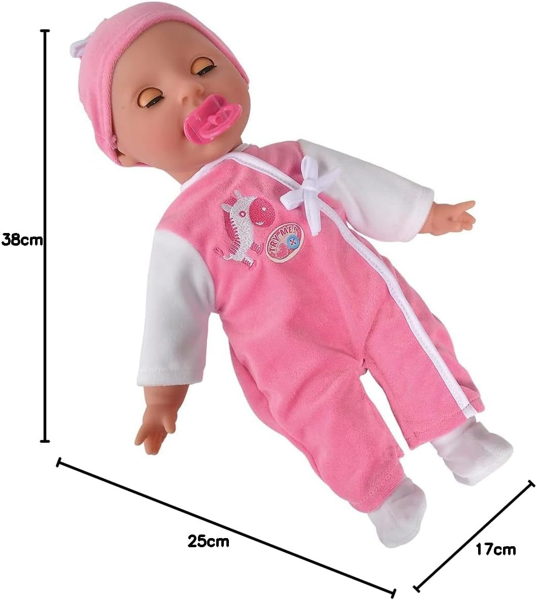 Simba 105140489 - Panenka Laura Baby Talk, 38 cm panenka s měkkým tělem a ospalýma očima v roztomilém overalu, 24 dětských zvuků, panenka na hraní, panenka, věk 2+