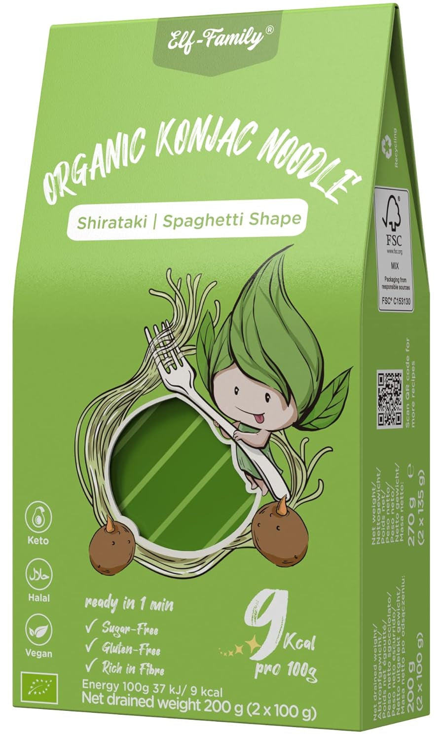Elf-Family 270g x6er Box (12 balení) Bio Konjak Nudeln Ultra Low Carb Shirataki Nudeln Vegan Bezlepkové-Instantní Nudeln bez kohlenhydrátu/Keto/Kalorienarme/Fettfrei/Zuckerfrei -Spaghetti MHD/202/11