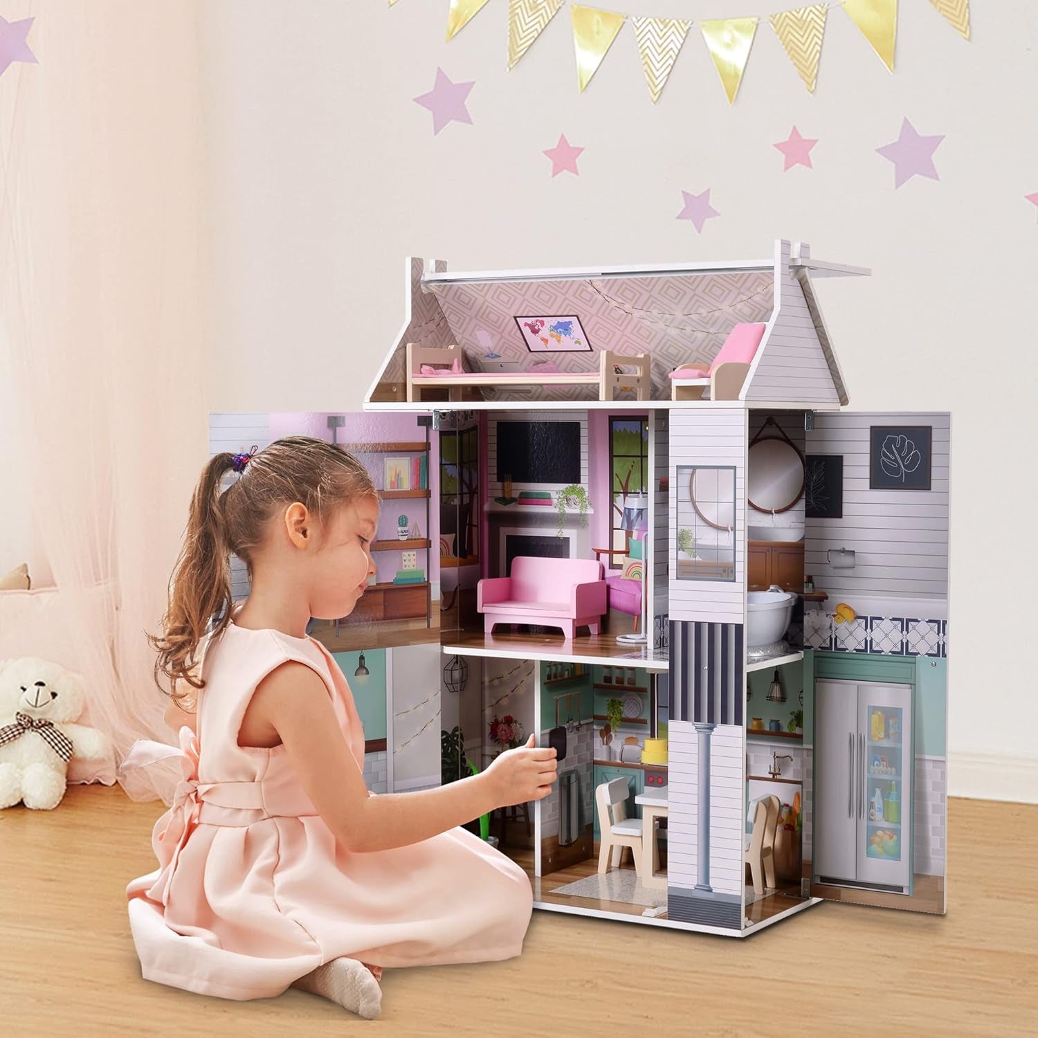 Olivia's Little World Dreamland Farmhouse Dětský interaktivní dřevěný domeček pro panenky 3 patra s 13 nábytkem pro panenky Bílá TD-13632A Domky pro panenky Naty Shop