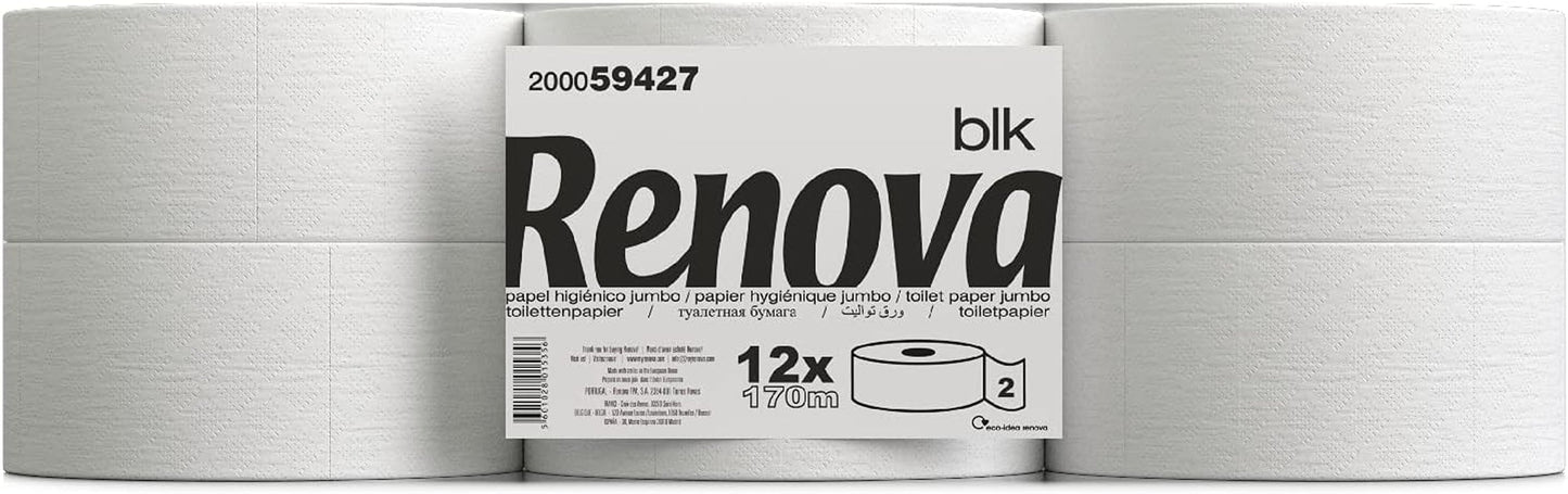 Toaletní papír Renova Jumbo BLK, 12 rolí po 170 M, bílý papír, 2 vrstvy