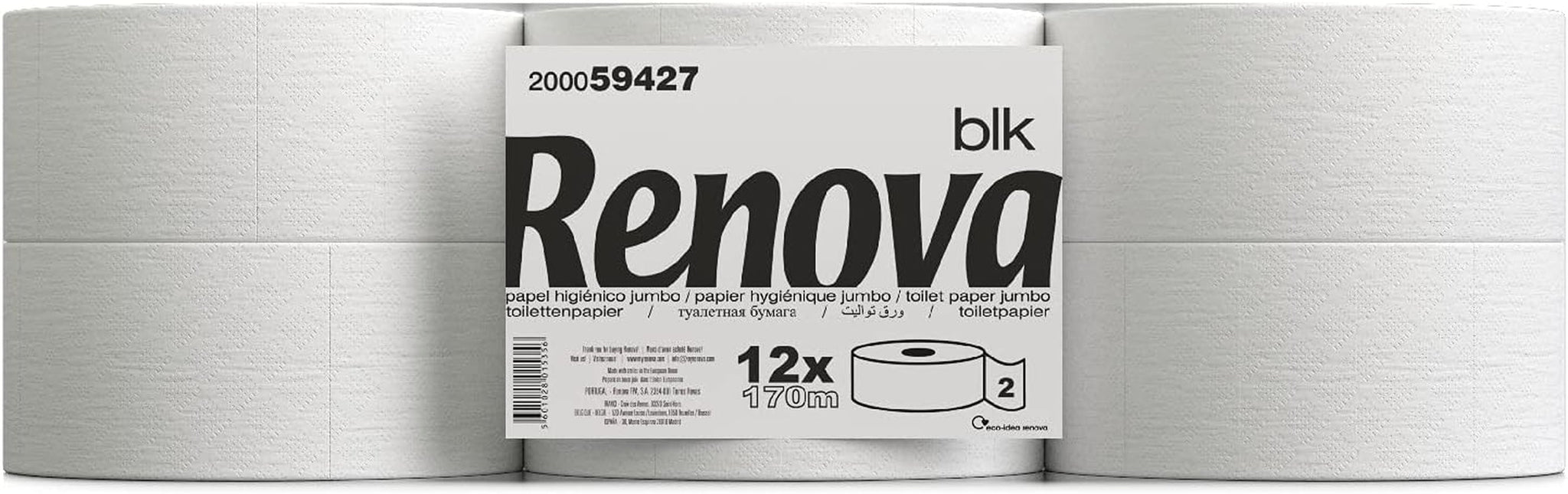 Toaletní papír Renova Jumbo BLK, 12 rolí po 170 M, bílý papír, 2 vrstvy