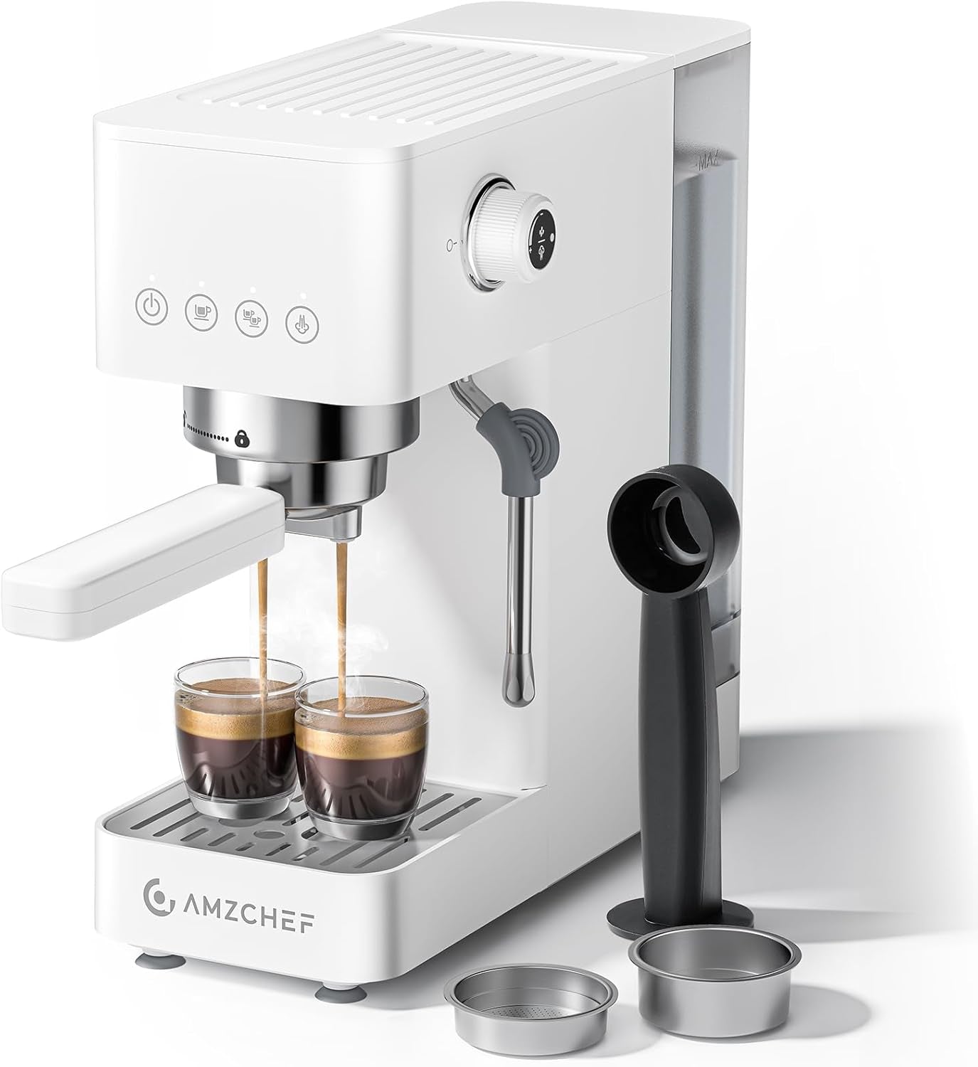 Espresso kávovar AMZCHEF 20 bar, LED displej, profesionální napěňovač mléka a parní tryska z nerezové oceli, 1,5 l vyjímatelná nádrž, 1350 W rychlý ohřev, bílá