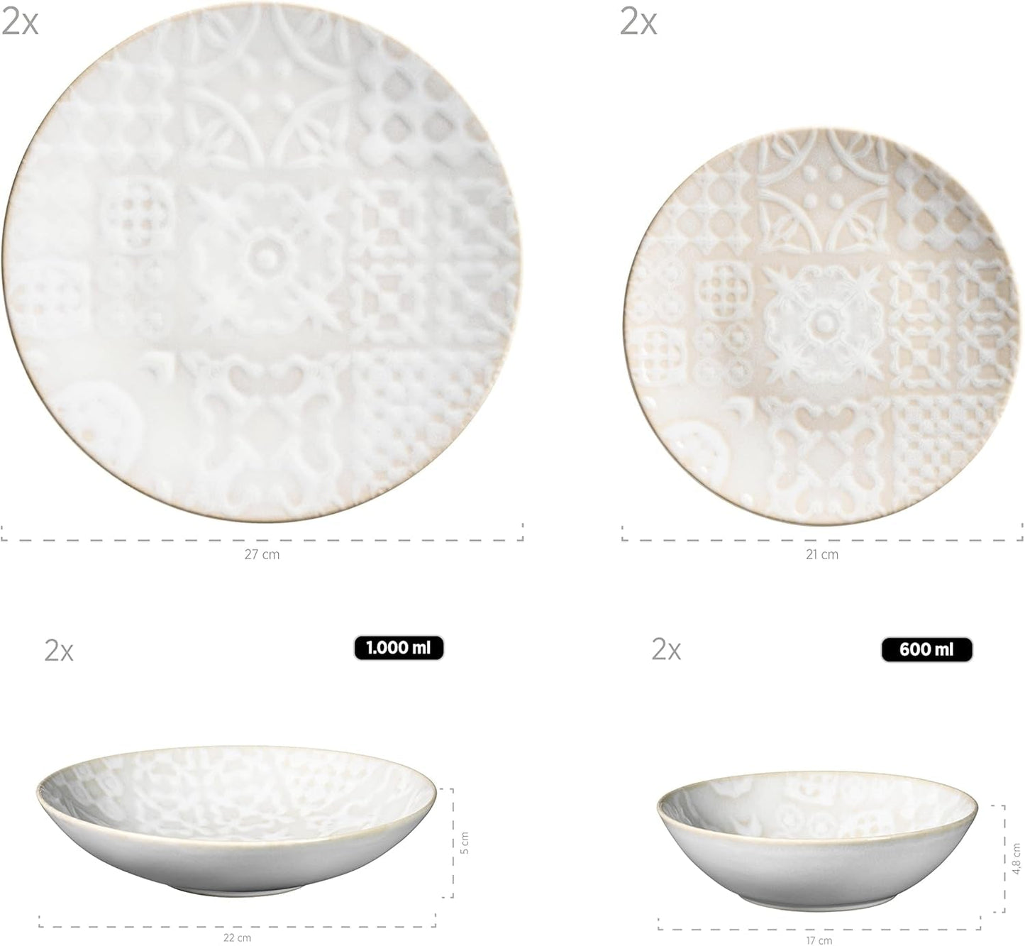 MÄSER 935079 Moderní vintage sada nádobí pro 2, maurský design, 8dílný stolní servis, vysoce kvalitní keramické talíře a misky, kamenina, bílá
